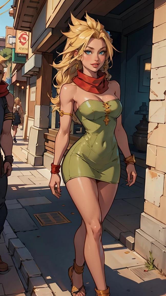 sorceress wearing a green dress and red panties, blonde bobcut, gorgeous woman, ancient overgrown stone ruins, ((low-angle shot))