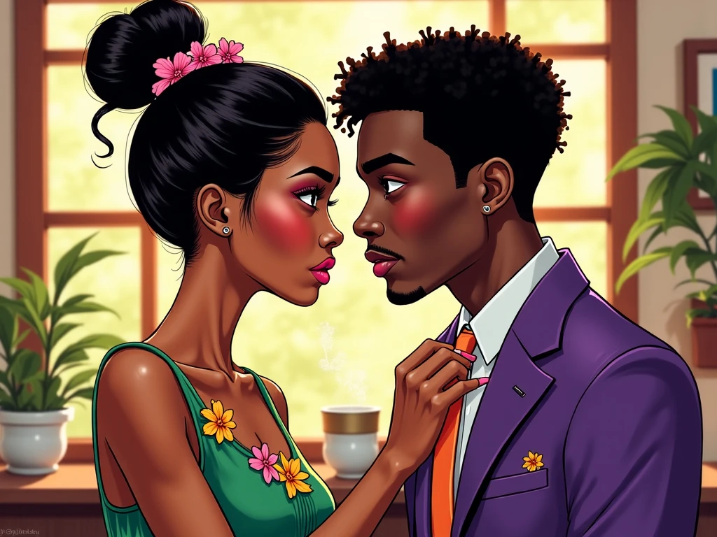 Un homme noire Avec une longue nuque seduisant une femme noire dans un jardin, Tous style dessin anime