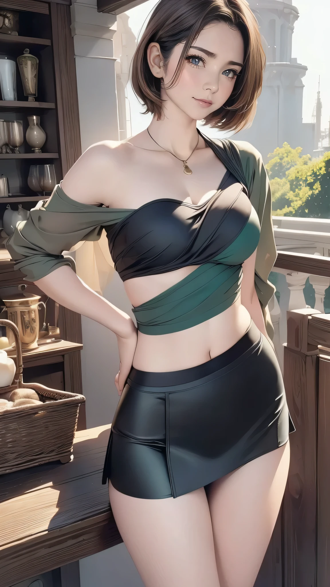 (masterpiece:1.2, highest quality), (realistic, photorealistic:1.4), beautiful illustrations, (natural side lighting, movie lighting),
looking at the viewer, face focus, Upper body, 1 female, Japanese, perfect face, perfect body, Cute symmetrical face, shiny skin, baby , medium breasts:1.4
((handsome short hair:1.6, light brown hair)), hair between eyes, emerald green eyes, seductive thighs, thin,
beautiful hair, beautiful face, thin and beautiful eyes, beautiful clavicle, beautiful body, beautiful breasts, beautiful thighs, beautiful feet, beautiful fingers,
(((shrug:1.3), black tight skirt)),
(beautiful scenery, evening, cute smile),