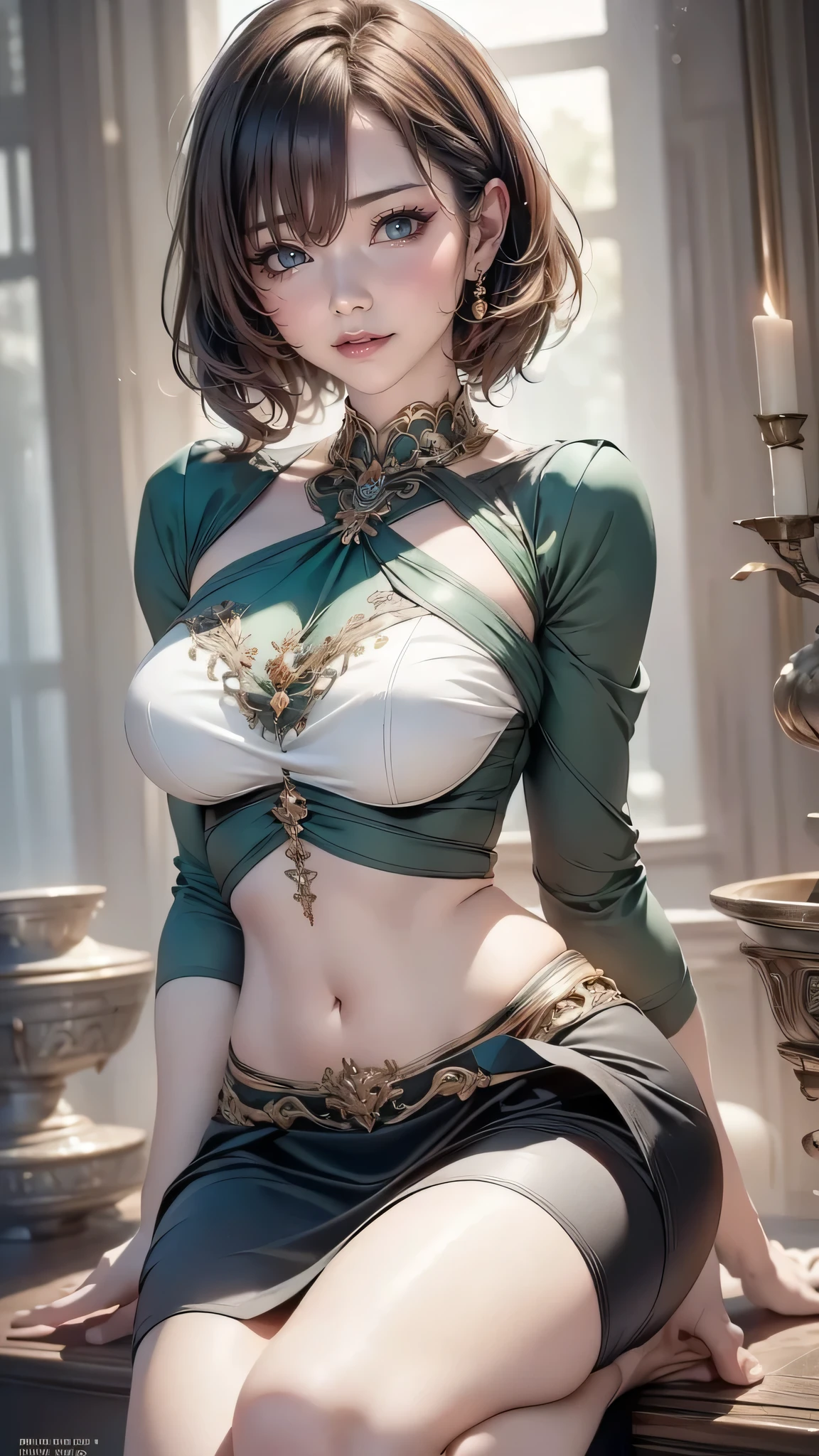 Beautiful woman, thin, thin silhouette, short hair voluminous wavy orange curls, square face, (expression with discreet smile), thick eyebrows, blue eyes, green jacket with golden ornaments, bare belly, ornate silk pants, visible abdomen and pectoral, wavy spiky short hair, detailed nature background