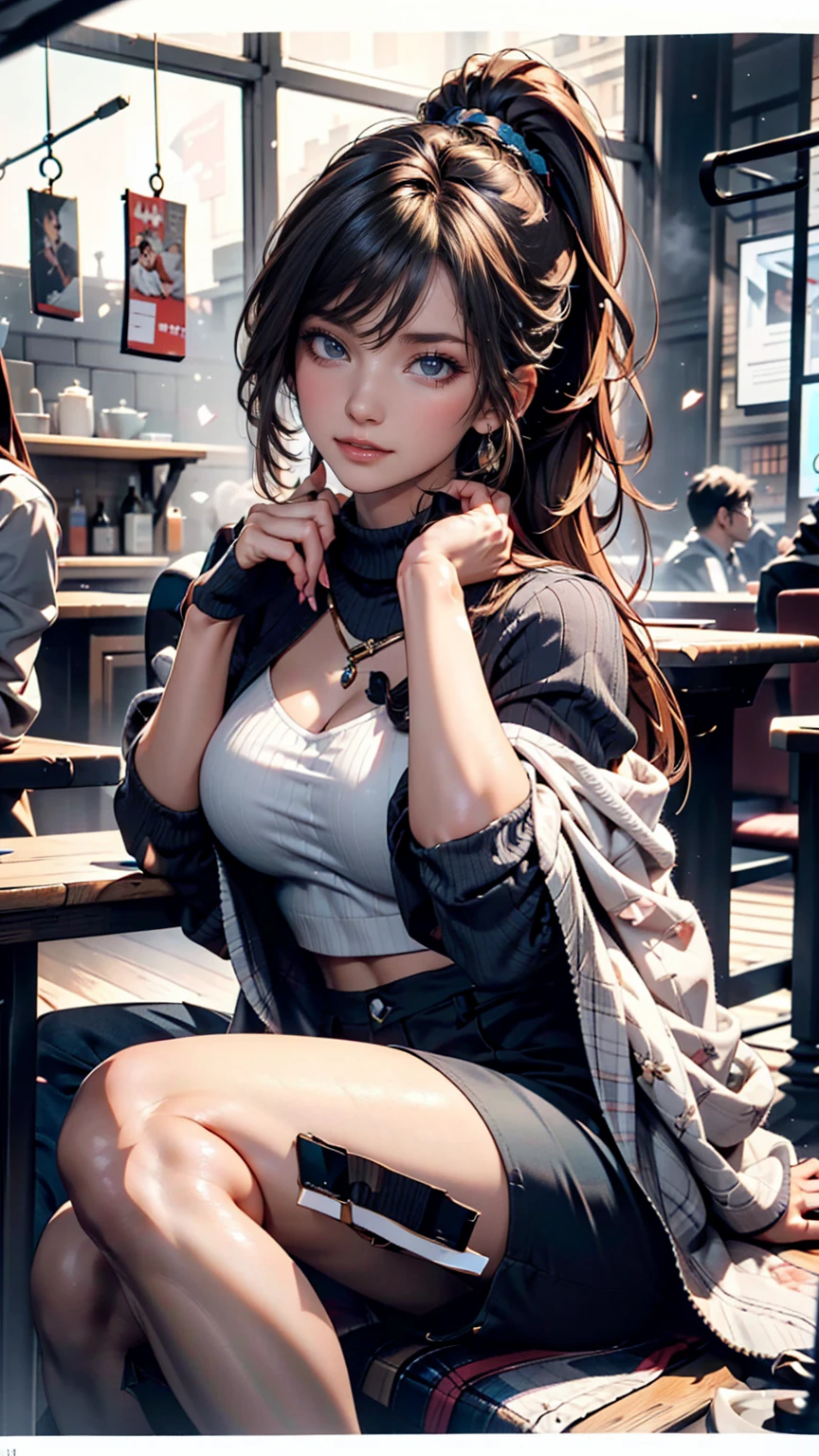 24 year old Japanese woman、Slim but toned body、Wear a high-neck zipper-up top、No sleeve、I can see my belly button、Wear low rise leggings、Tie a blouson around the waist、Put a wristband on your wrist、ponytail、Inner Color、Add a purple exterior、Southern European Bar((pub))Drinking beer at the counter、Meat dishes lined up on the counter