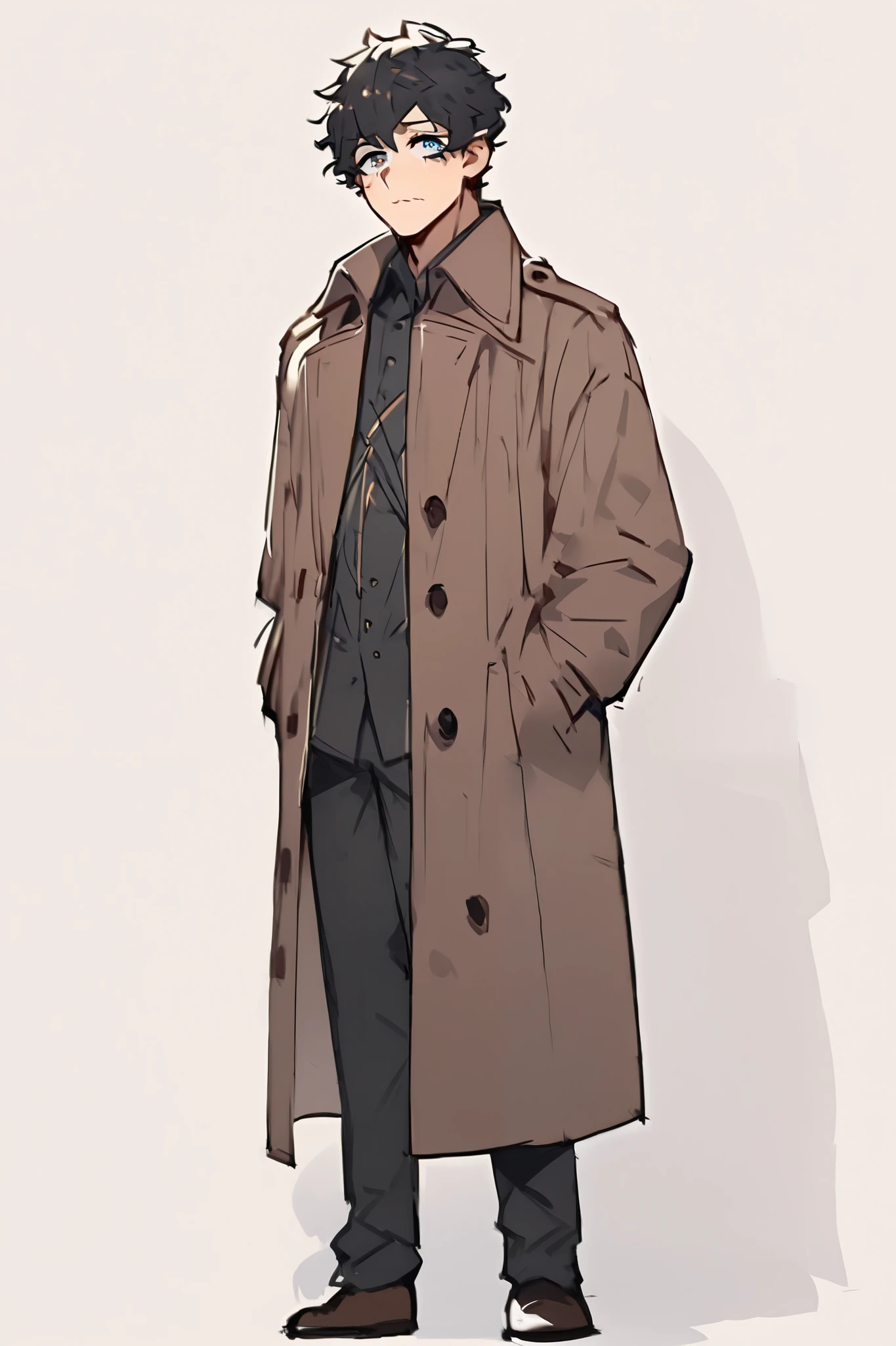simple background,high definition, solo, natural perm, male,Age 30,criminal,is tall,wise, black hair, kind face,trench coat,I'm looking at me with a horizontal,eye showing the whole body,I'm energetic,justice