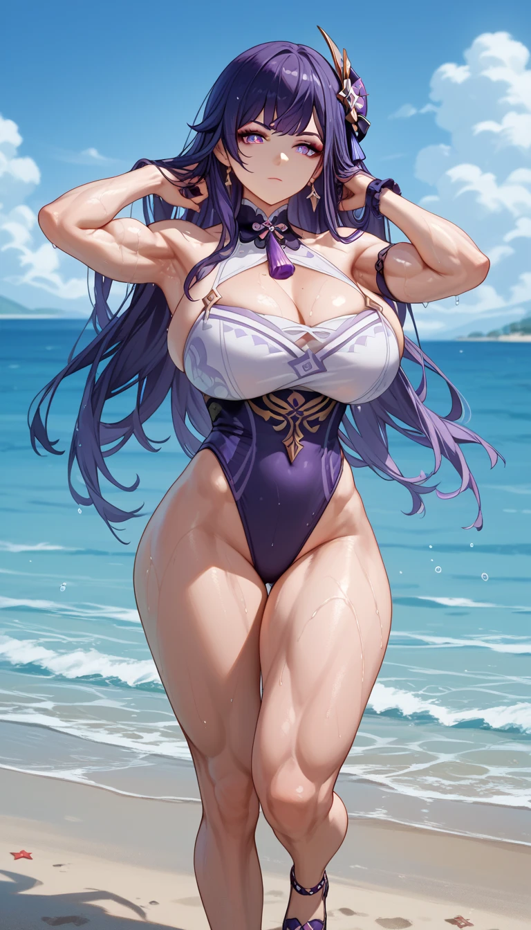 beautiful woman, purple hair, bright blue eyes, glowing eyes, lots of freckles, gigantic breasts, extreme cleavage, deep cleavage, thin body, extremely long hair, high waist one-piece swimsuit, bare arms, seductive pose, extreme blushing, smiling, ultra detailed, beach background, sunset, late evening, light rays, masterpiece, 8k 