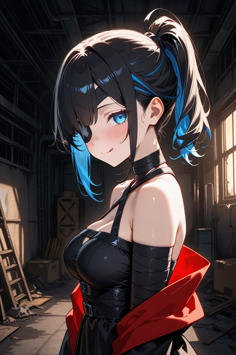 An adult woman, half wolf, black and blue hair, black ears, shining red eyes, wearing a black and blue dress, very angry, wide breasts, holding a sword