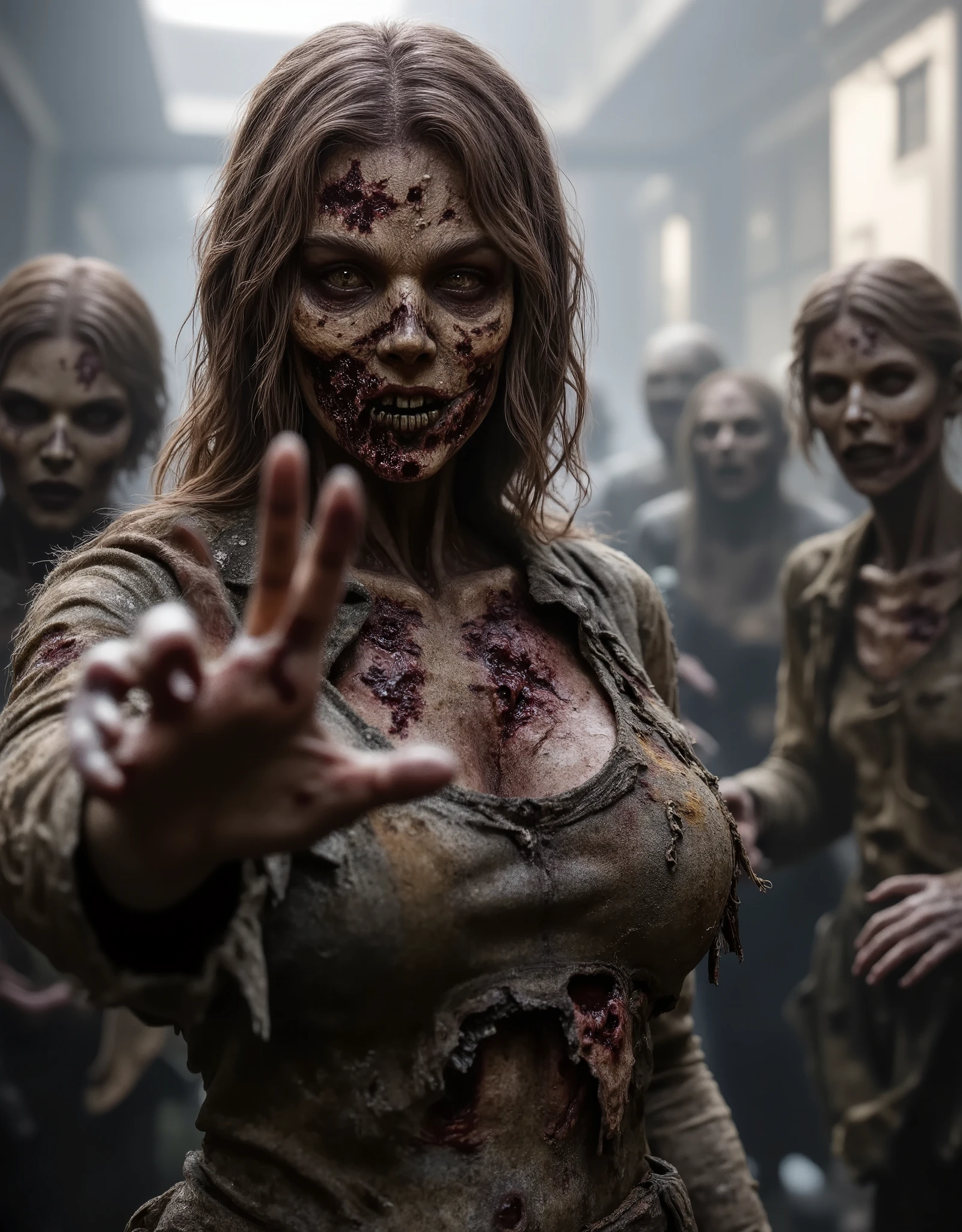 Zombie girl surrounded by other male zombies, rotting flesh, open wounds, undead, horror, open mouth with rotting teeth and blood, severed nose, exposed bone, blood and gore, bloody wounds, torn flesh, one arm reaching out to the viewer,