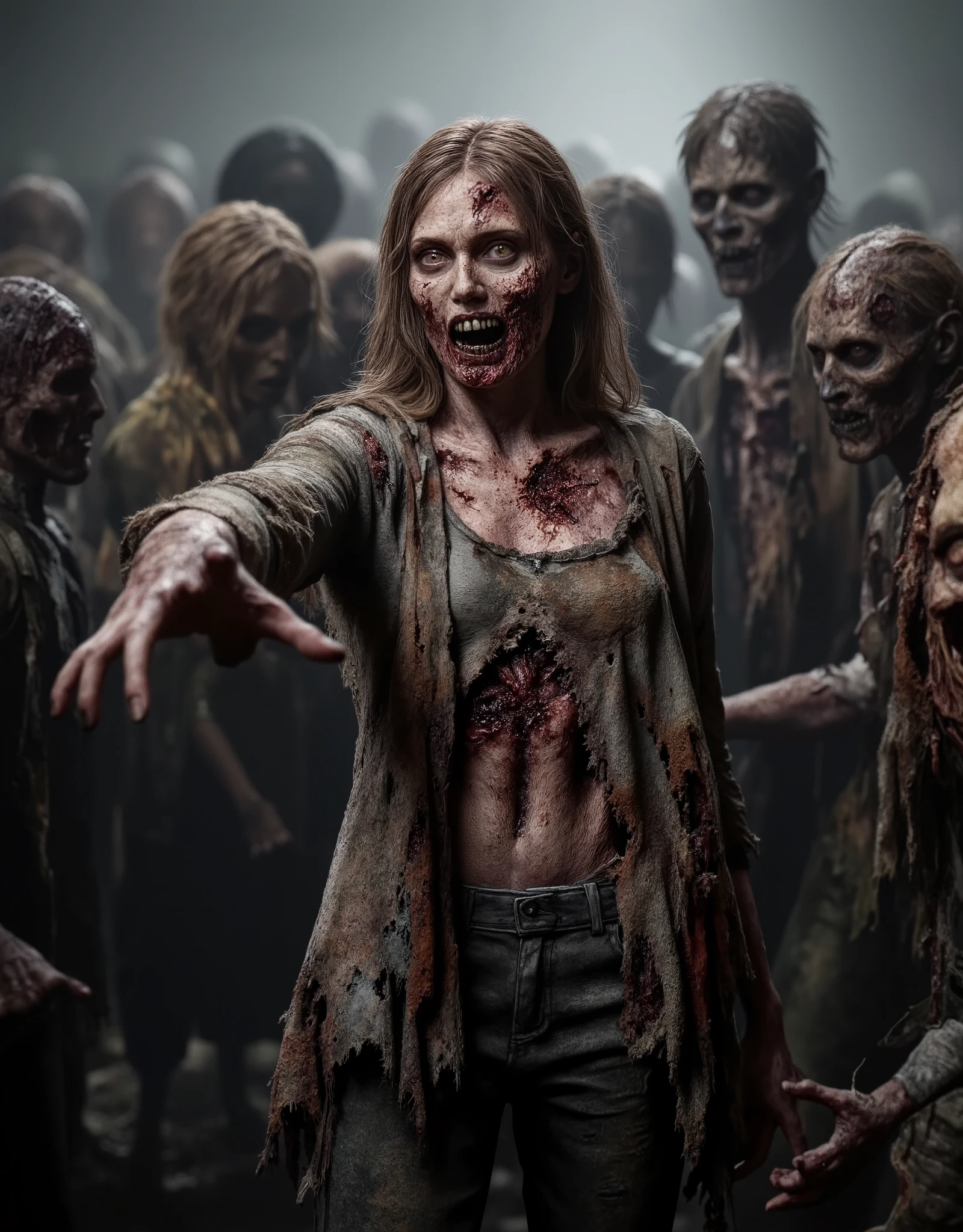 Zombie girl surrounded by other male zombies, rotting flesh, open wounds, undead, horror, open mouth with rotting teeth and blood, severed nose, exposed bone, blood and gore, bloody wounds, torn flesh, one arm reaching out to the viewer,