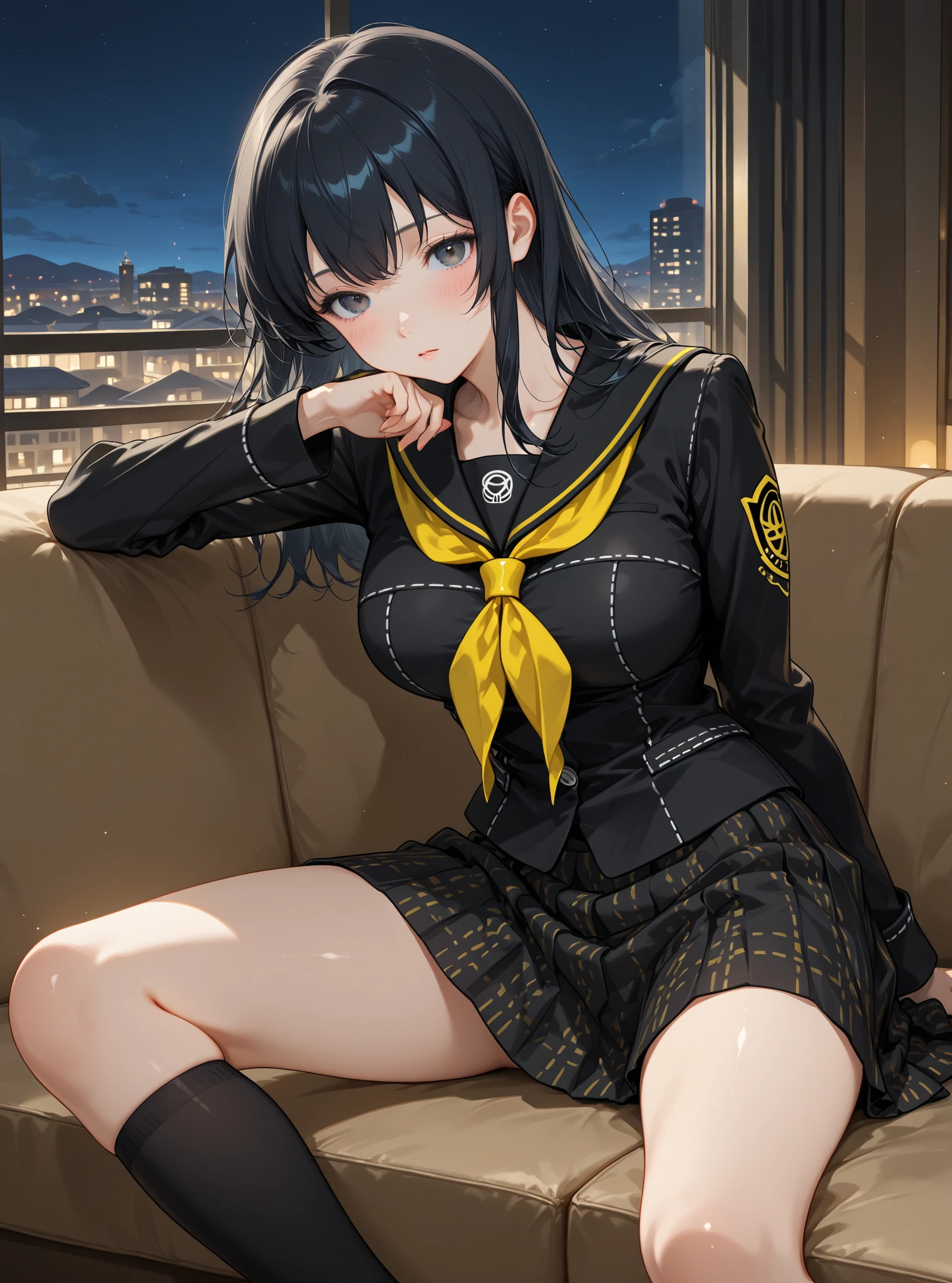 masterpiece, top-quality, Detailed details, Detailed landscapes, beatiful lights, Beautiful Shadows, 1girl in, 18year old,Black eyes,Teary-eyed,troubled look,a miniskirt.School uniform,(low angles), detailed skin textures, Tyndall effect,sit on a bench,cross one's legs,
