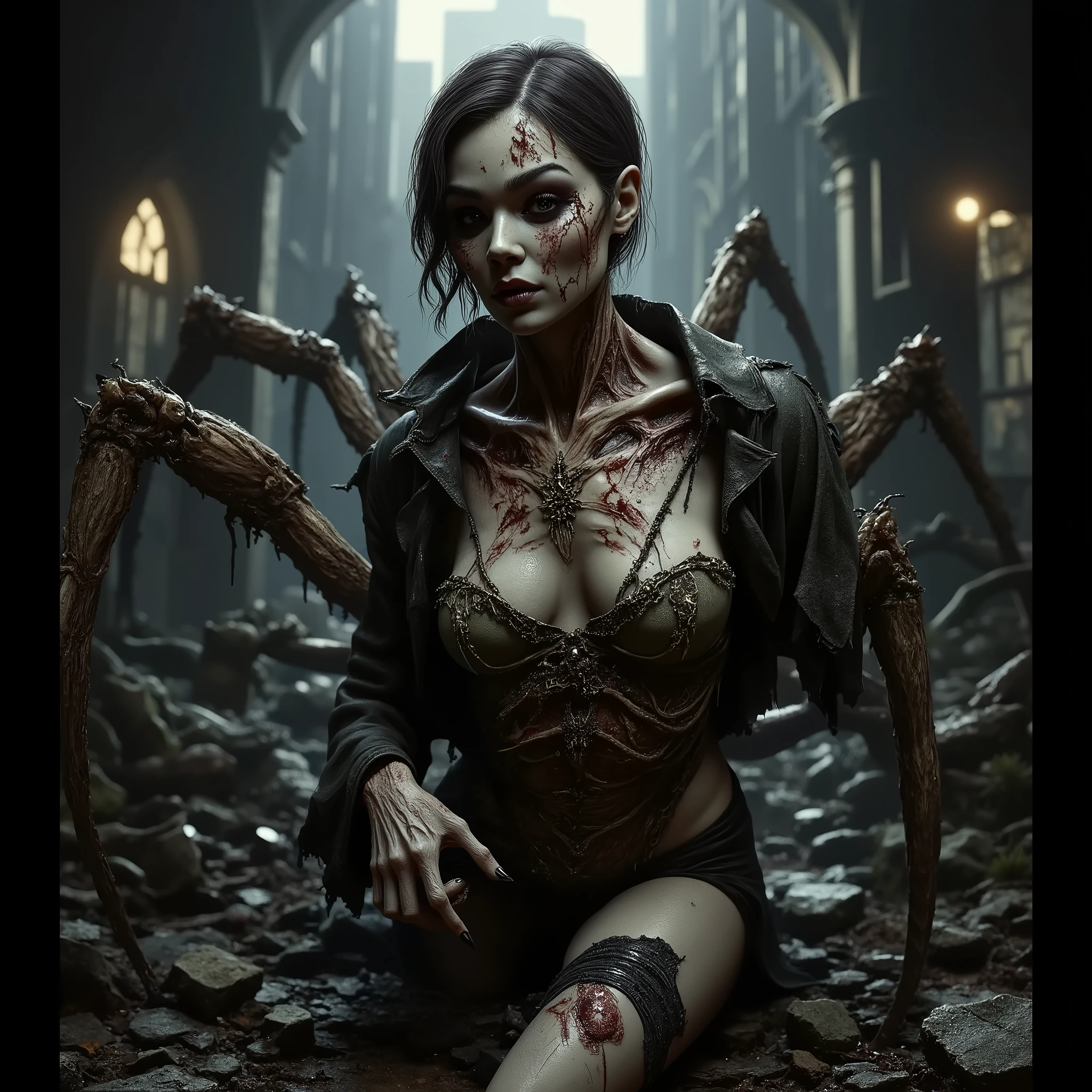 female arachnid spider monster girl, horror, terrifying, half woman half giant spider, evil lair, terror