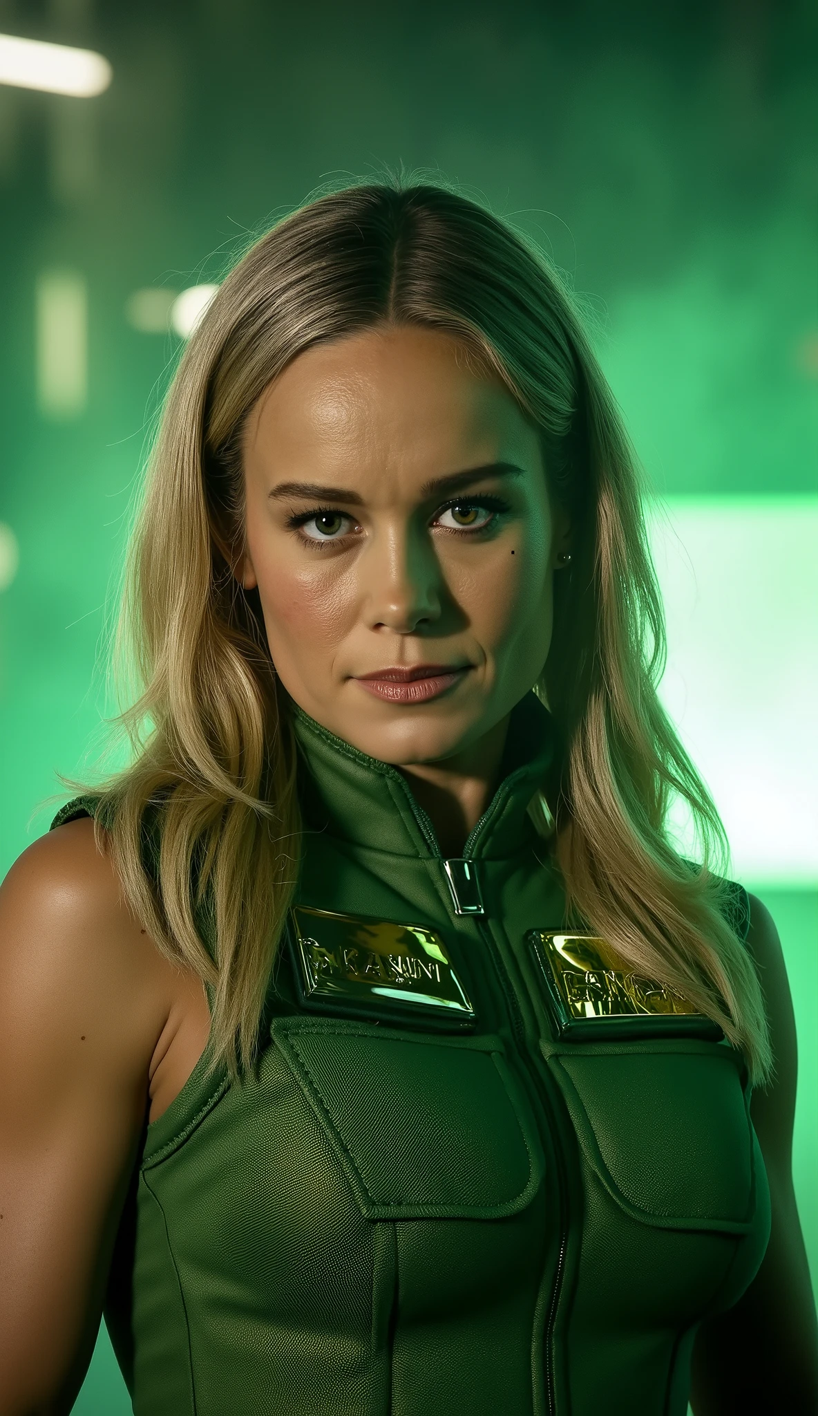Here is a detailed prompt to generate an image **super realistic** de Sarah Jessica Parker como **Sonya Blade**, focused on **upper body**, in a brilliant green military uniform and striking details, e um Bottom marcante: --- **"Hyper-realistic Close-up by Sarah Jessica Parker as Sonya Blade, the experienced combat lieutenant of * mortal kombat*. She is in a confident and powerful pose, with a determined and focused expression , conveying strength and readiness for combat. She wears a bright green military suit, with reflective metallic details and badges that highlight his status From experienced soldier. The lighting is dramatic , with shades of green and silver, creating strong contrasts between light and shadow. O Bottom é um cenário realista de uma base militar de alta tecnologia, with neon lights, holographic screens and soft smoke, adding an intense and enveloping atmosphere."** --- **Extra details for realism:** - **clothing:** Brilliant green military fabric, with metallic reflections and super-realistic textures. - ** :** looking determined and focused , conveying the essence of an experienced and ruthless soldier. - **Bottom:** Super-detailed textures in the equipment and neon lights of the military base. This prompt combines iconic Sonya Blade elements with Sarah Jessica Parker's unique look, guaranteeing a cinematic and immersive result! rendered in an ultra-realistic way Engine 5 with resolution 8K or higher