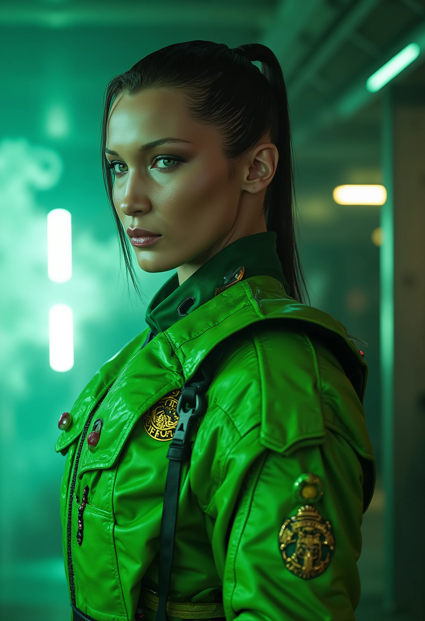 Here is a detailed prompt to generate an image **super realistic** de Sarah Jessica Parker como **Sonya Blade**, focused on **upper body**, in a brilliant green military uniform and striking details, e um Bottom marcante: --- **"Hyper-realistic Close-up by Sarah Jessica Parker as Sonya Blade, the experienced combat lieutenant of * mortal kombat*. She is in a confident and powerful pose, with a determined and focused expression , conveying strength and readiness for combat. She wears a bright green military suit, with reflective metallic details and badges that highlight his status From experienced soldier. The lighting is dramatic , with shades of green and silver, creating strong contrasts between light and shadow. O Bottom é um cenário realista de uma base militar de alta tecnologia, with neon lights, holographic screens and soft smoke, adding an intense and enveloping atmosphere."** --- **Extra details for realism:** - **clothing:** Brilliant green military fabric, with metallic reflections and super-realistic textures. - ** :** looking determined and focused , conveying the essence of an experienced and ruthless soldier. - **Bottom:** Super-detailed textures in the equipment and neon lights of the military base. This prompt combines iconic Sonya Blade elements with Sarah Jessica Parker's unique look, guaranteeing a cinematic and immersive result! rendered in an ultra-realistic way Engine 5 with resolution 8K or higher