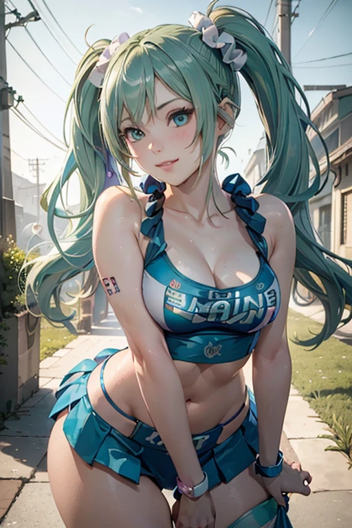 Super detailed, NSFW, masterpiece, High resolution, Photorealistic digital art, perfect lighting, (((1 girl, perfect anatomy))), accurate right hand, accurate left hand, five fingers, perfect style, shy smile, (hatsune miku,) 3d face, big light blue-green eyes, glossy lips, blue-green long hair, shiny skin, smile, (((twin tails))), big square hair accessories, (((Juliet))), Blue cheerleader outfit, Focus on the groin, outdoor,
