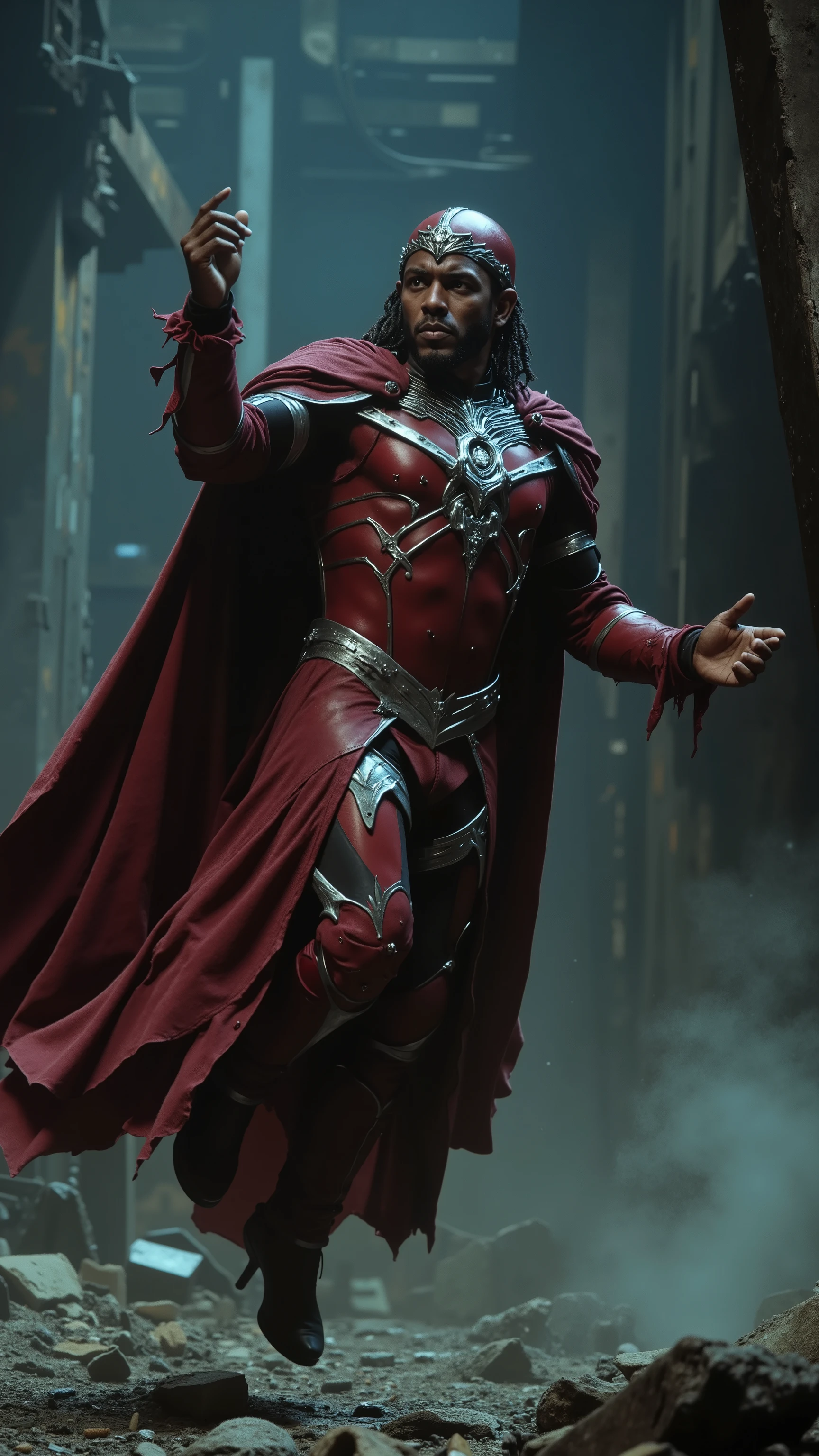 A cinematic close-up scene from a Magneto film, featuring a powerful and stylish reinterpretation of Magneto, portrayed by Kendrick Lamar. He is levitating above the ground, his hands raised as he telekinetically moves metallic objects around him with his mind. His expression is intense and commanding, exuding confidence and an almost divine presence.
He is dressed in a sleek, futuristic deep-red armored suit with silver accents, combining leather and metallic textures. A long, flowing dark red cape billows behind him, catching the dim light. His signature helmet, redesigned with a modern aesthetic, features a high-gloss crimson finish with intricate engravings, framing his face without concealing his sharp gaze. His hair, styled in intricate braids with metallic rings woven in, adds a regal, avant-garde touch.
The environment is dark and industrial, an abandoned underground facility with shattered metal beams and levitating debris suspended mid-air due to his immense magnetic power. The floor is cracked concrete, reflecting faint, flickering neon lights. The walls are a mix of rusted steel and futuristic control panels, pulsating dimly with residual energy. The scene is bathed in moody, high-contrast lighting reminiscent of 1980s cinema, with a bluish backlight creating a dramatic silhouette while warm red highlights reflect off his armor. Smoke and dust swirl in slow motion around him, enhancing the sense of weightlessness.
The camera angle is dynamic and cinematic, shot from a slightly lower perspective to emphasize his god-like presence. The rendering is highly detailed with deep shadows, HDR lighting, and a grainy yet polished aesthetic, evoking the look of a vintage 1980s DVD screengrab. The overall style is dark, atmospheric, and hyper-realistic, capturing the essence of a dystopian superhero epic.
Magneto, dark cinematic, 1980s film aesthetic, high dynamic range, dramatic lighting, ultra-realistic.