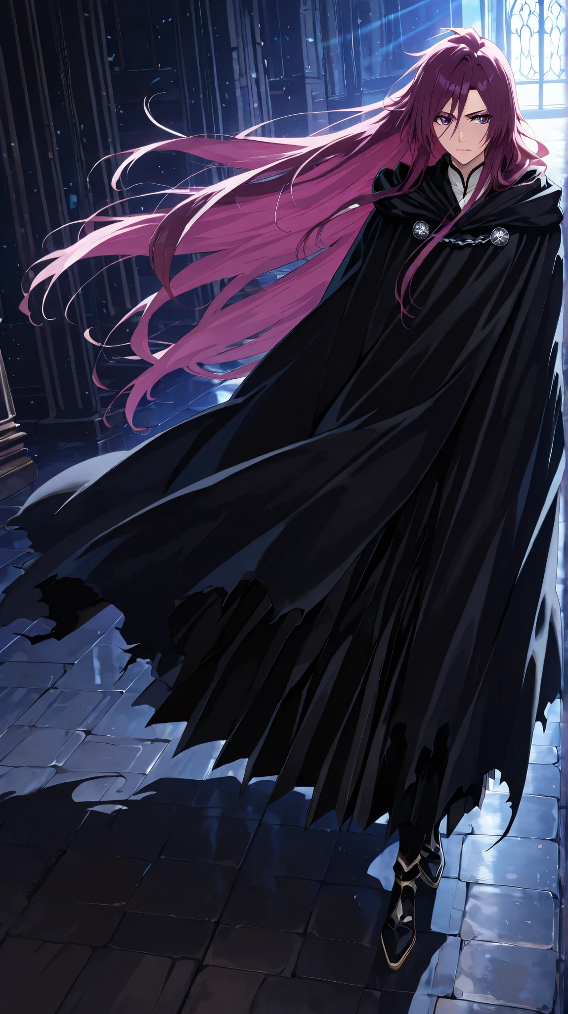 (masterpiece, best quality, ultra-detailed, best shadow), (dark fantasy), high contrast, (best lighting, extremely delicate and beautiful), ((cinematic light)), colorful, hyper detail, dramatic light, intricate details. Woman (18 years old) with extremely long purple hair that touches the floor, striking purple eyes and beautiful eyelashes, wearing a Bleach Shihakusho with a captain's cape, character with a dark aura, beautiful, 180 cm tall, dark and serene character