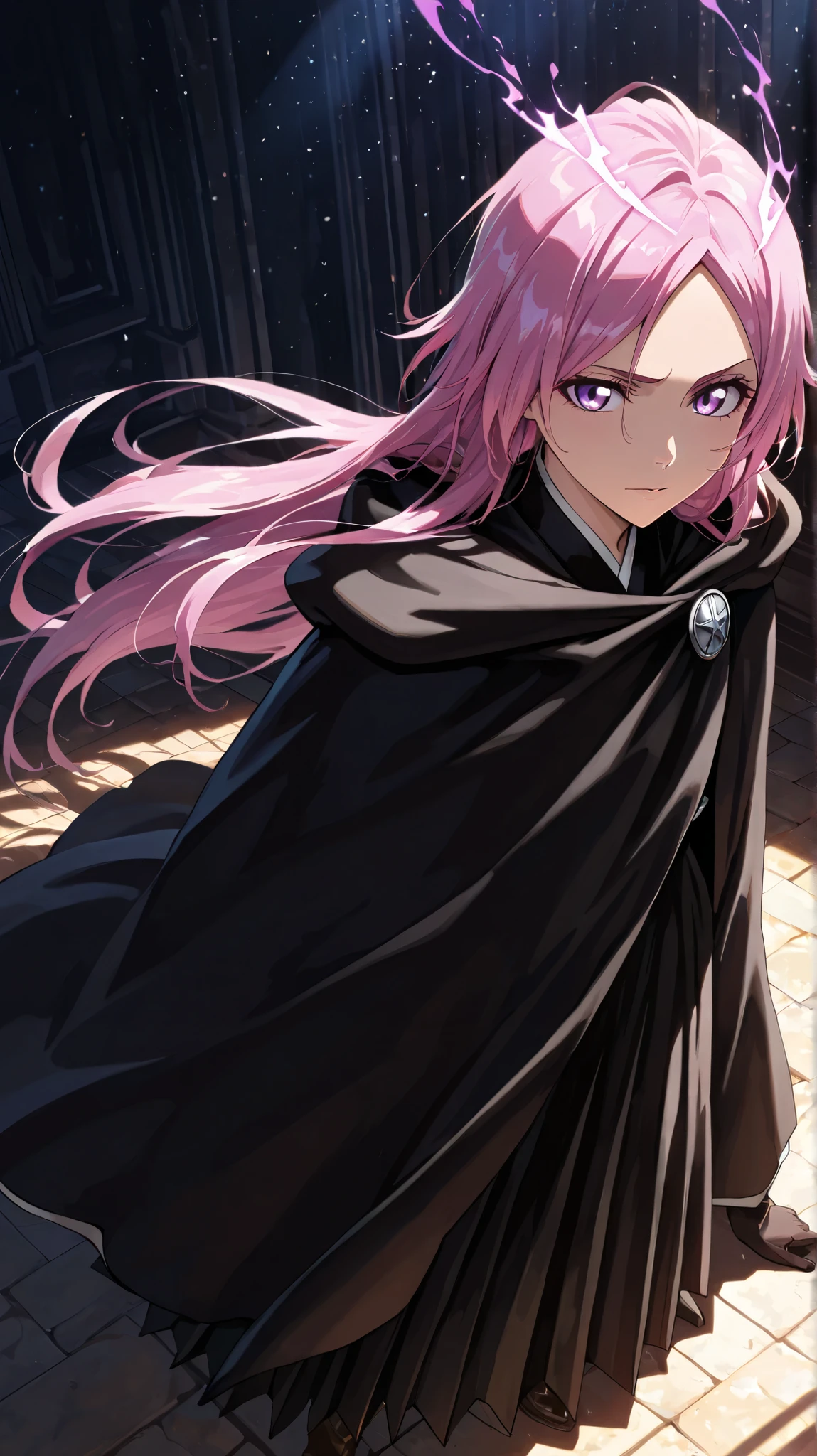 (masterpiece, best quality, ultra-detailed, best shadow), (dark fantasy), high contrast, (best lighting, extremely delicate and beautiful), ((cinematic light)), colorful, hyper detail, dramatic light, intricate details. Woman (18 years old) with extremely long purple hair that touches the floor, striking purple eyes and beautiful eyelashes, wearing a Bleach Shihakusho with a captain's cape, character with a dark aura, beautiful, 180 cm tall, dark and serene character