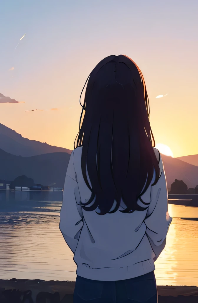 Anime girl looking at the sunset over the water - SeaArt AI