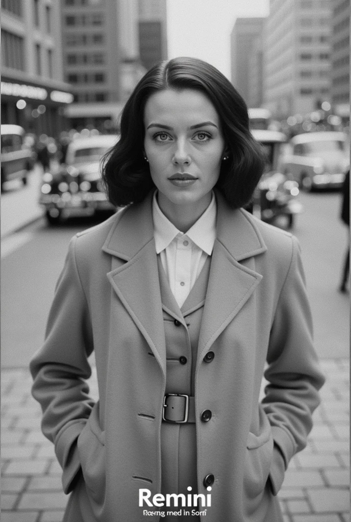 Realistic image of adult woman, 1950s, walking down a New York street towards the viewer. Men pass by her and watch her. Fashion of the time, black andwhite, film noir, Analog film, hyperrealisti, Cinematic.