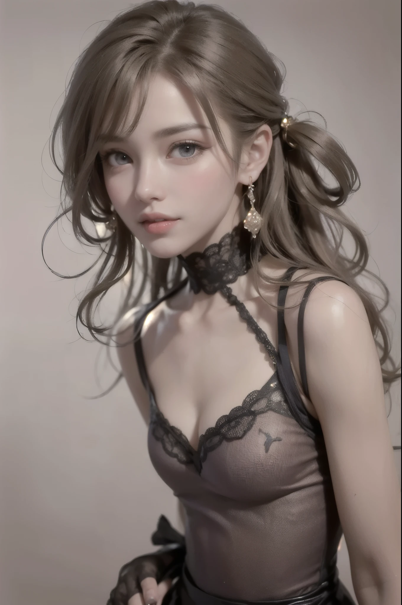 Beautifully saturated photos by Emily Soto, (Cute Japan idol woman), clavicle, (mature:1.3), highest quality, humid, Fascinating,skinny, smile, no_panties, Large Breasts, (masterpiece),(highest quality),(((Pussy:1.3))), ((photoRealistic)), One girl, (Black Hair:1.2), (Waist-length hair:1.5), Big Ass, Gray background, lips, Realistic, A konigsreuter, (front Sheer Lace-Up Cropped tube top:1.6), (High-Waisted Shorts and thighhighs:1.5), (from above:1.5)