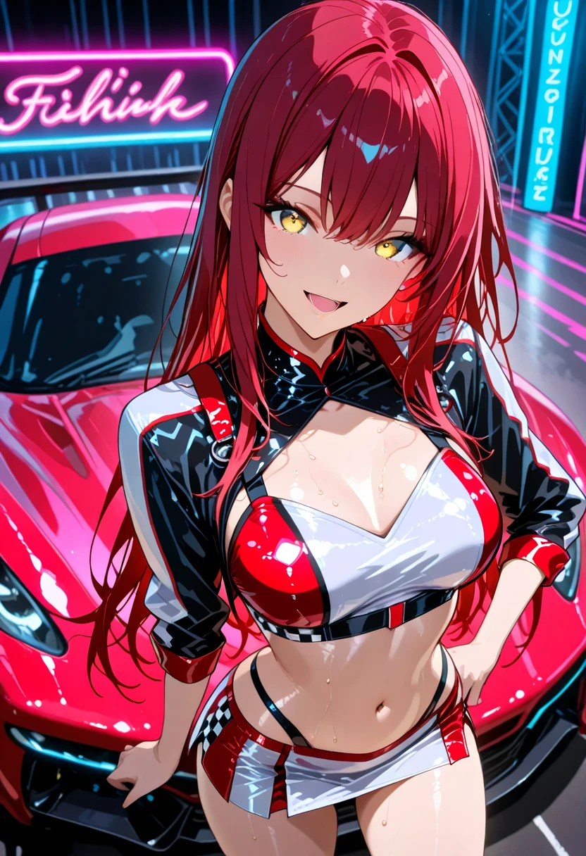 highest quality、Nice sexy body、One Woman、solo、(Beautiful busty woman:1.5)、Medium hair woman、((Woman with dark red hair))、Race Queen、Campaign girl、A woman wearing a blue patent leather short top、A woman wearing a top with a logo、A woman wearing a blue patent leather miniskirt、A woman wearing brown pantyhose、Standing woman、event venue、motor Show、smile、Sexy pose