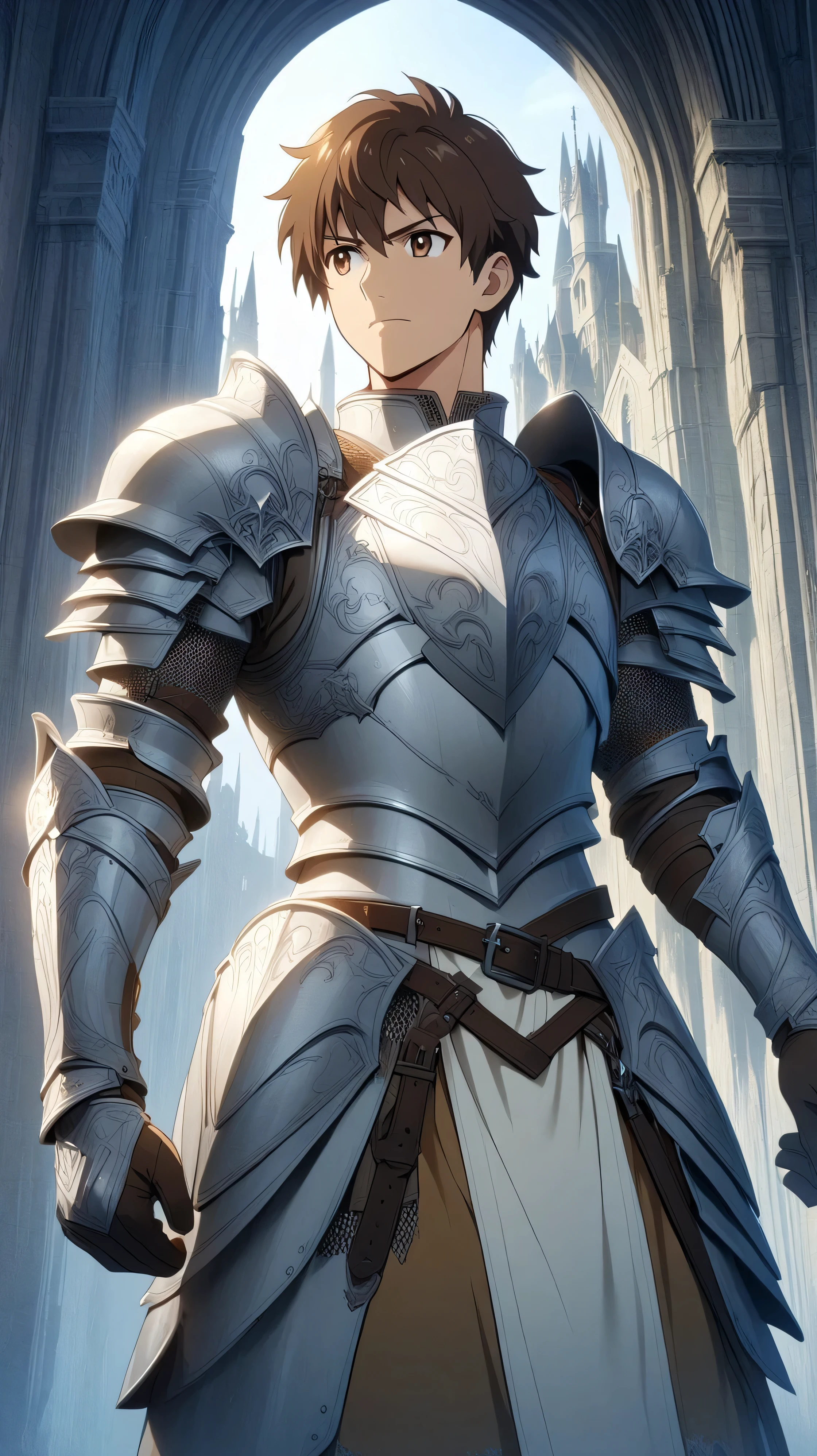 1Man,alone, male focus , short brown hair , Tall Figure , Finger Gloves ,Silver & White Armor ,Brown eyes,Upper body,Firm Confidence,Castle Background,Medieval Knight, anime style