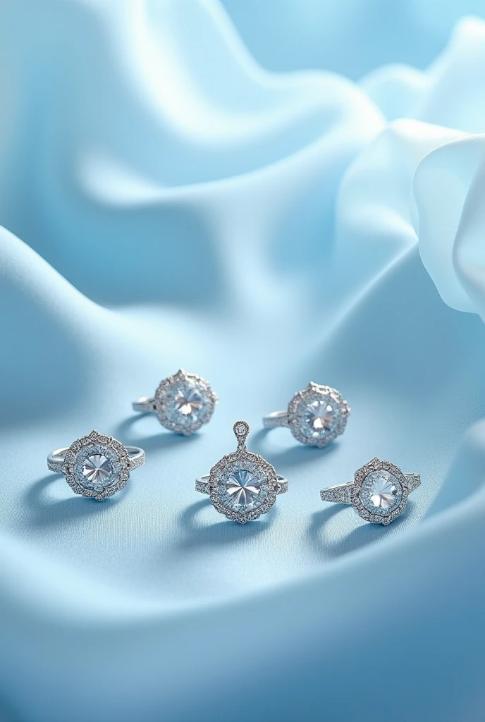 generate a jewelry set consisting of earrings, rings, pendant, on a soft blue background and add fabric to the background