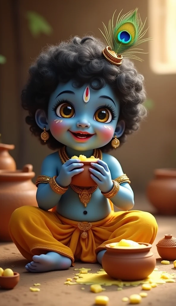 Imagine baby Krishna, around 2 to , holding a butter ball close to his face with both hands. His cute little nose is slightly scrunched as he gazes at the butter with wide, curious eyes. He’s dressed in a tiny yellow dhoti, with a small peacock feather in his curly hair. The background should be warm and soft, making Krishna’s innocent and adorable expression the focus of the image."