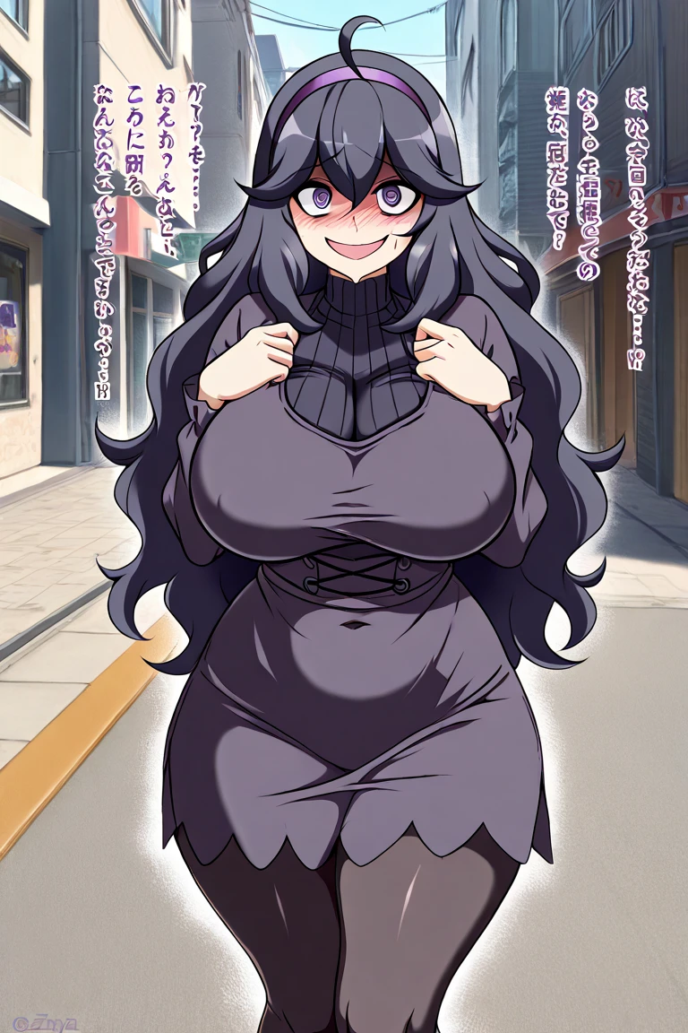 (masterpiece:1.4), (best quality), (detailed), (8k), absurdres, (1girl, solo, looking at viewer, (sidewalk:1.4, tokyo \(city\)), rizdraws, thick lineart, film grain, semi-traditional artstyle, haibara enako, muscular, muscular female, long hair, black hair, messy hair, hair down, sharp teeth, evil grin, red eyes, huge breasts, open cardigan, brown cardigan, pleated skirt, blue skirt,,, armor, gauntlets, brawler, sentai armor, full body, body suit, armor,