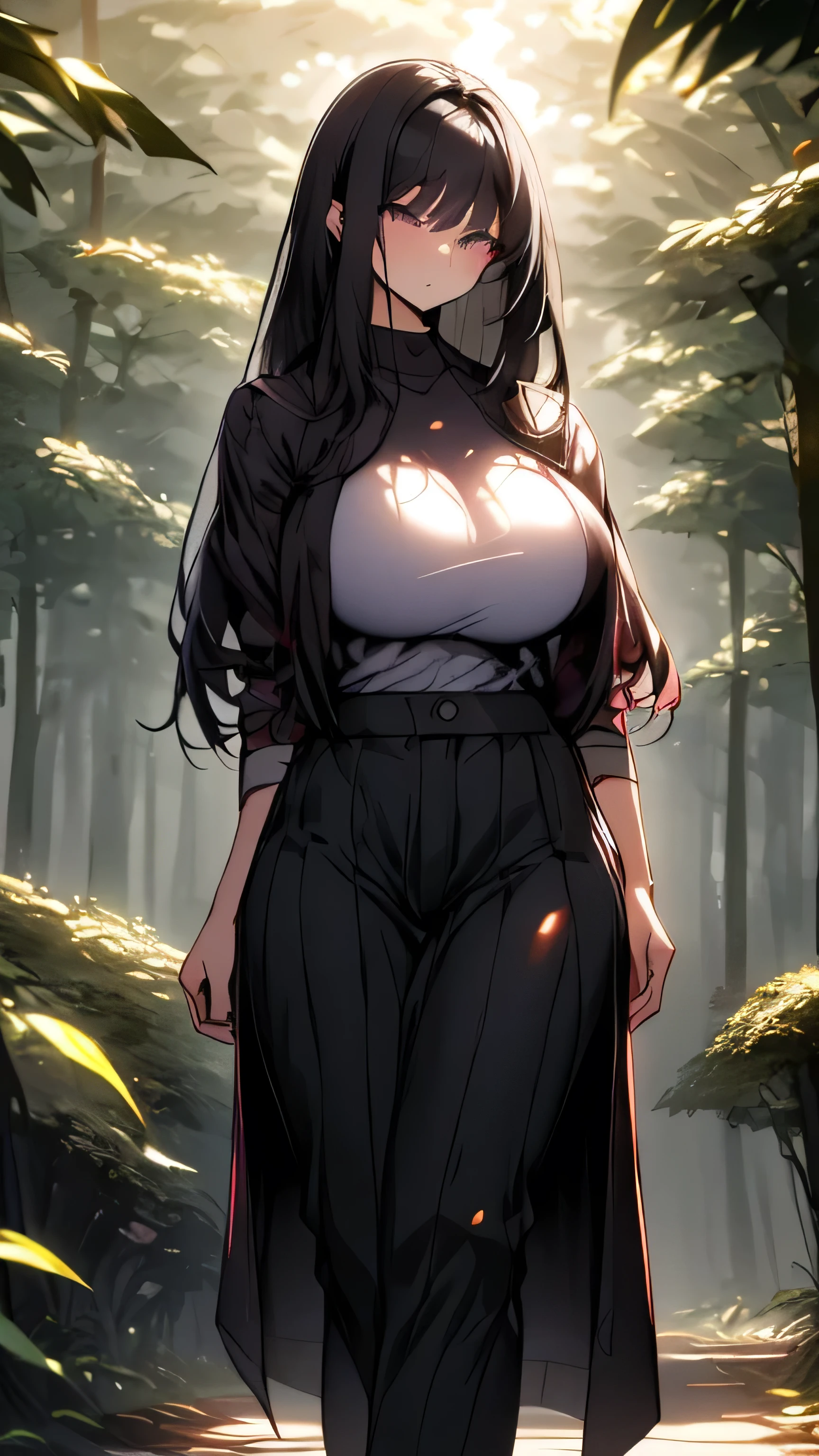 1girl, solo, long hair, black hair, straight hair, very tall, purple eyes, adult, mature, casual stylish clothes, fit body, serious expression, photorealistic, 8k, ultra-detailed, physically-based rendering, dramatic lighting, lush foliage, serene forest background, ((fullbody shot))