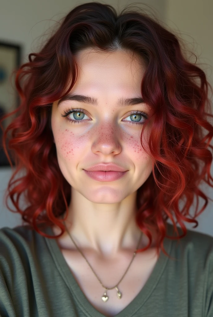 20yo, extremely cute, innocent seductive look, wide open eyes, blushing light freckles under eyes and across nose, dimples, dimple piercing, <lora:zoom_slider_v1:3>, topless, huge perfect boobs, black eye liner, black eye shadow, short curly red hair, seductive smirk, lust, camera focus, 35mm, realistic, warm, warm lights,
