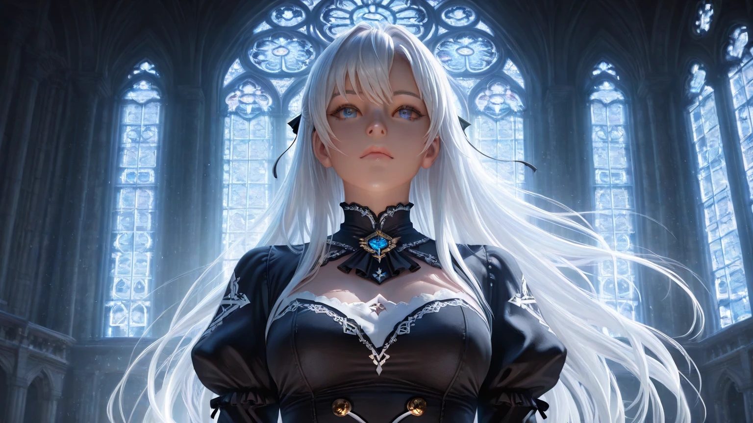 FS, an albino girl with perfect 10 features and long black Rapunzel-like hair, stands in a picturesque Avatar-like scene. Her body is graceful with a petite bust and slender legs. The girl looks stunning in a sheer organza dress with intricate designs. Her high-heeled shoes are elegant with golden patterns. The sunlight creates a subtle silhouette around her contours from the back, while soft and filling light illuminates her from the front. This scene has photorealistic qualities and is a concept art that creates a wow effect of:2. It can be found on the website 500px with hyper-superior details of:2. --auto --s2