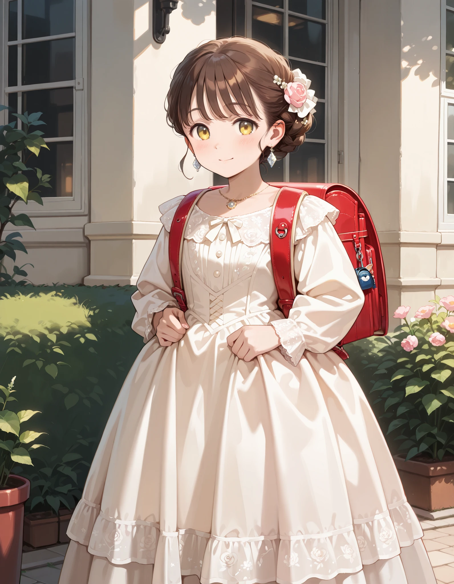 Masterpiece, hd, best quality, solo, yellow eyes, there is a girl standing in a dress, wearing pink floral dress, victorian dress, luxury dress, beautiful white, brown hair, wearing a white dress, dressed in a white dress, girl, Traditional Attire, bowtie, necklace, diamond earrings, in a fancy dress, frilly outfit, wearing beautiful clothes, wearing floral gown, cute young girl, dressed in a beautiful, wearing randoseru backpack, red backpack, backpack ornaments, keychain, standing, outdoor