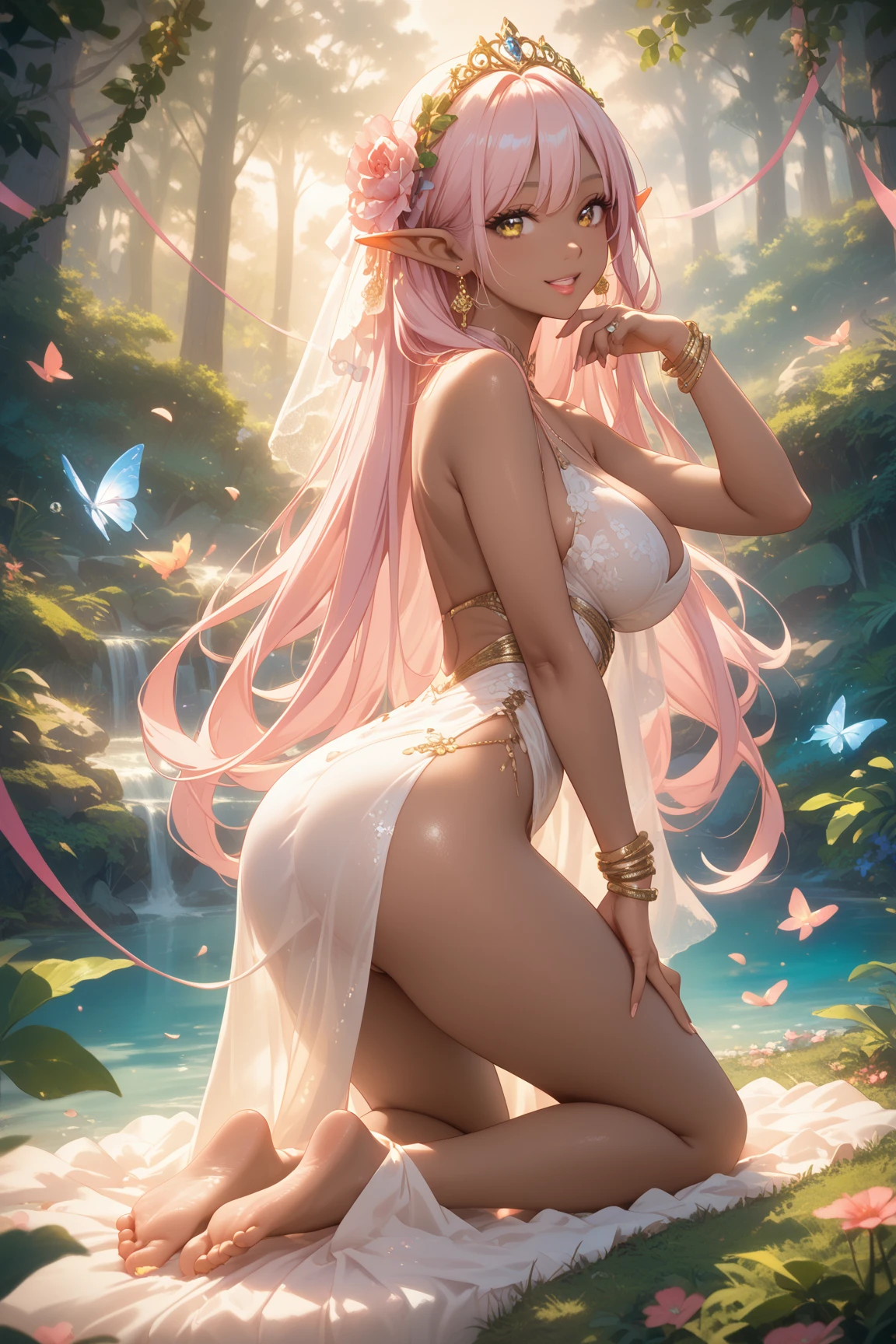 1girl, elf, breasts, moon, lantern, night, solo, very small breasts, hair ornament, wet, naked, wading, water, hair flower, flower, pink flower petals floating on water, outdoors, sky, full moon, rain, vibrant pink hair, pinkish white pubic hair, mountain, cloud, holding, side boob, bare shoulders, paper lantern, standing, night sky, bending forward at waist, colorful pink hair, highly visible pussy, spreading pussy with fingers, facing away, from back, looking back over shoulder, wet pussy, visible nipples, no clothes, bangs, tree, from side, reflection, long hair, cloudy sky, wet hair (((masterpiece),(extremely detailed CG unity 8k wallpaper),best quality,solo,1girl,cinematic lighting,detailed background,beautiful detailed eyes,bright pupils, (an extremely delicate and beautiful),(Beautiful and detailed eye description)， ultra-detailed,masterpiece,)), 