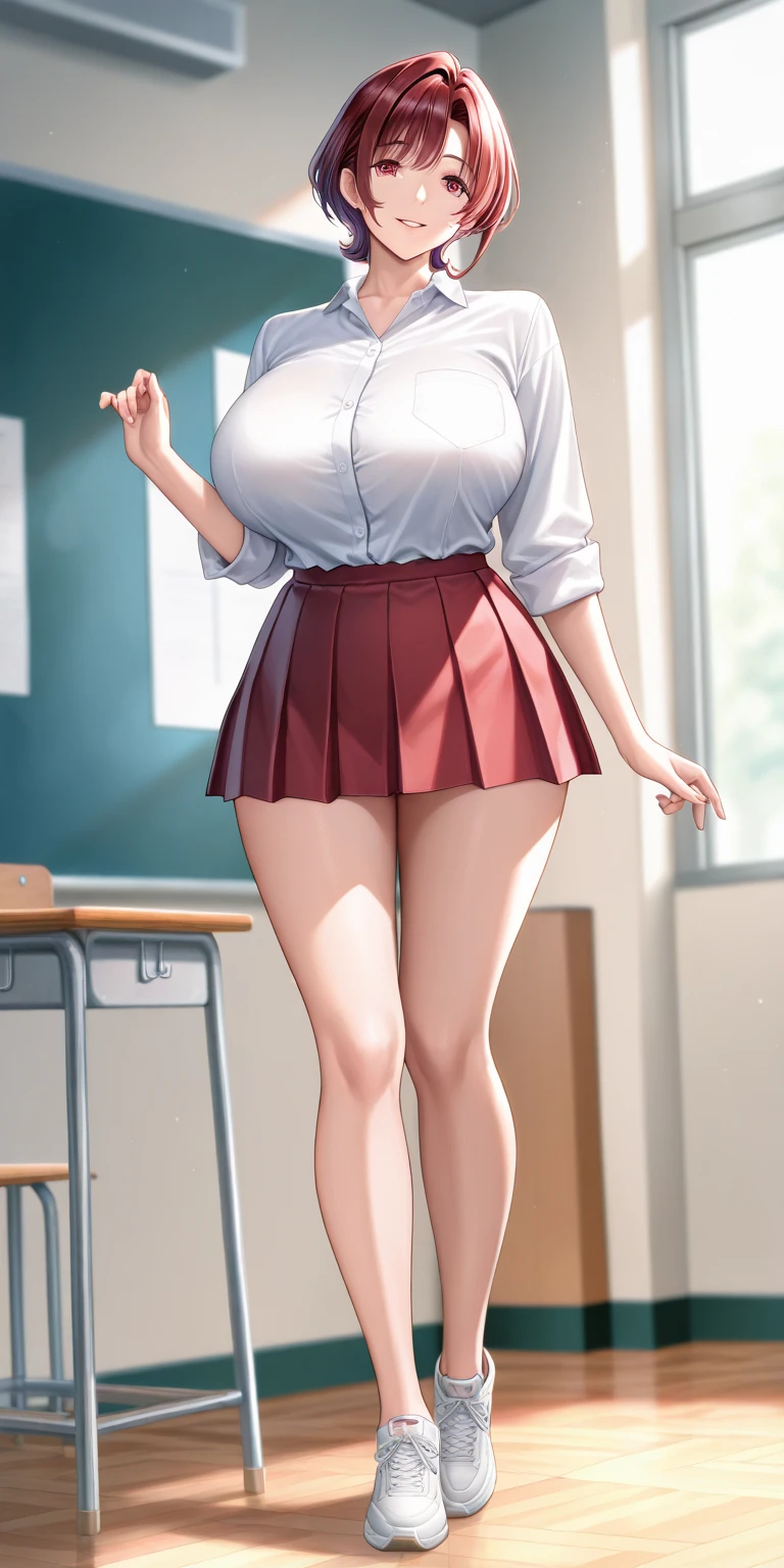 Anime Girls、 20th Generation、魅惑的なAnime Girls, , Azur Lane Style, From the Azur Lane video game, barbie anime, Azur Lane Characters,Perfect Fingers、 Perfect white hair girl, 美しいAnime Girls, Anime Girls、blue eyes、short hair、smile、Red cheeks、Very large breasts、whole body、Perfect hands、Nothing is covered、、Standing posture、smile、Shyness、indoor、Full Body、Huge breasts、Black Super Mini Skirt、White panties、Inside the school、Flip up the skirt、In the hallway、