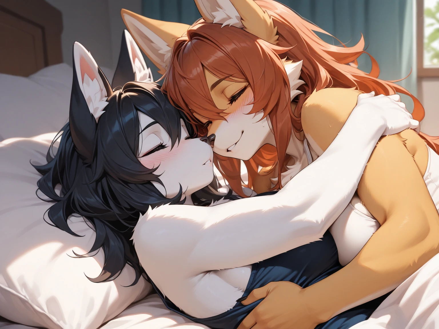 Male dog boy and female fox girl, 4K quality,       high resolution,Hold hands, Deep Kiss,Drooling,Wearing a red collar, Feelings of love,Cute face,Crying in bed, 