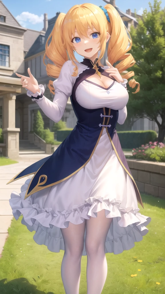 (full body),masterpiece, Highest quality, High resolution, male, short hair, Hello, Red eyes, Large Breasts, Cleavage, Epaulettes, White gloves, Elbow hand pockets, Purple Skirt, Knee socks, Cowboy Shot, (Pose in front),Straight, street,Low - Angle,Downから,Down