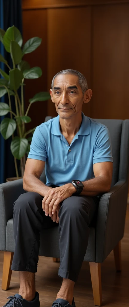 Enigmatic man with smile on his face and glasses in his right hand while sitting in wheelchair