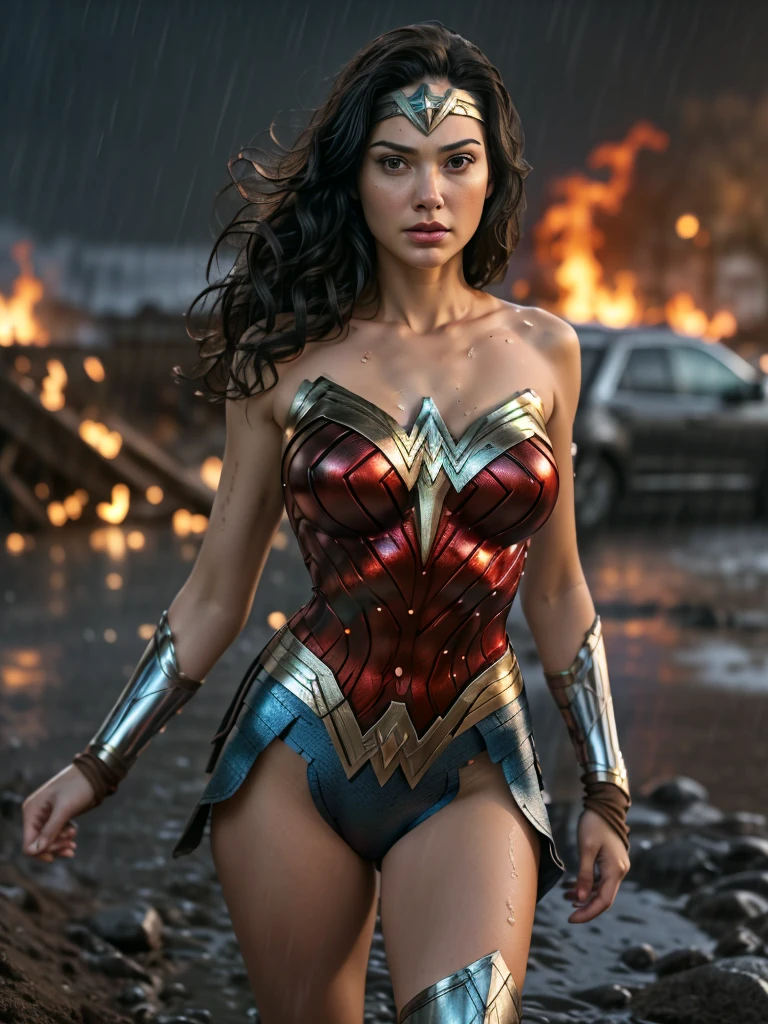 a close up of a woman in costume holding a sword in a right hand and a medieval shield in her left hand, Wonder Woman, DC Comics art style, portrait of Wonder Woman, sexy painting, beautiful comic art, pixar style, 3d style, hyper realism, hyper realistic lighting, light smoke at the legs, sexy hourglass body, black hair, slightly curly hair, Second World War style destruction scene, destroyed cars and burning trees, winter weather, face dirty with dirt, body with marks of injuries and dirt, Wonder Woman clothes from DC Comics, clothes with small tears, hyper textured clothes, arms with metal bracelets that cover the forearm, photography style, semi-serrated look, face with a serious look, look sideways, battle pose