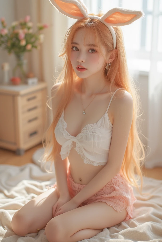 Very beautiful masterpiece, sexy blonde, pink hair, blue eyes, expressive eyes, detailed skin, realistic skin texture, detailed eyes, beautiful woman, pink bra, pink lace panties, short skirt, white skirt,