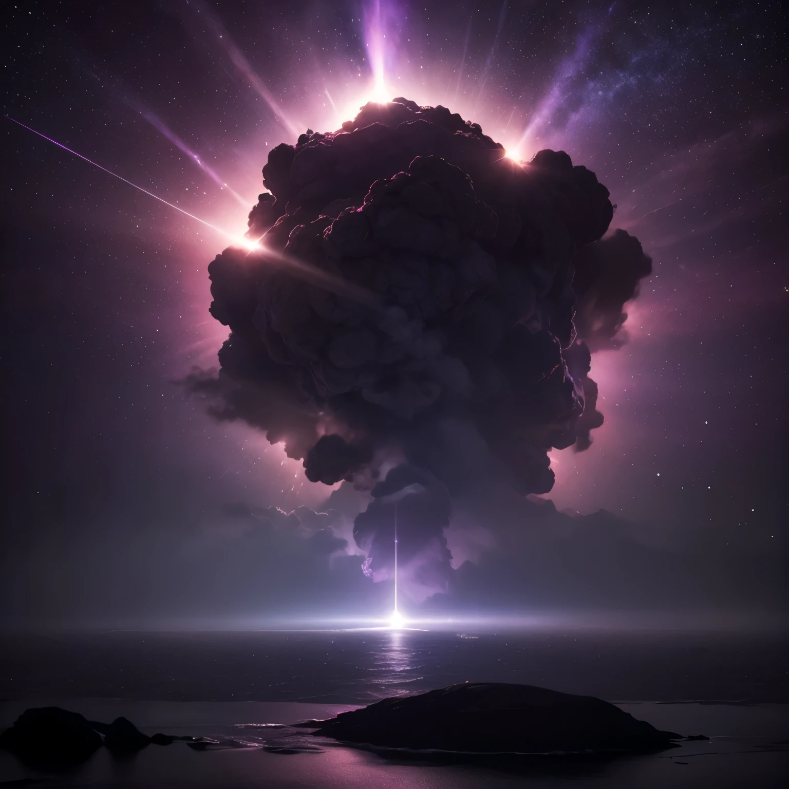 A spaceship's sleek silhouette pierces the misty purple horizon, its occupants silhouetted against the radiant glow. Amidst the twinkling lights of the alien planet, a lone figure stands at the edge, her features illuminated by the soft luminescence. In the distance, two vibrant crimson gas giants clash, their fiery atmospheres crackling with energy as they collide, unleashing a celestial explosion of starlight and debris across the mist-shrouded sea.