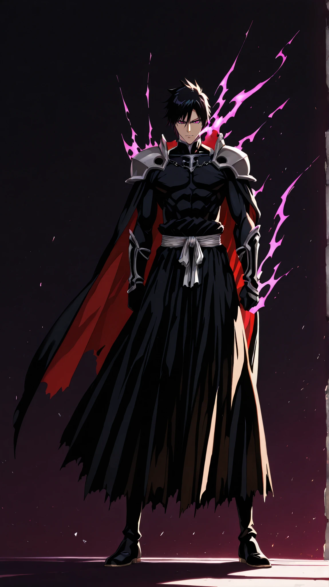(masterpiece, best quality, ultra-detailed, best shadow), (dark fantasy), high contrast, (best lighting, extremely delicate and beautiful), ((cinematic light)), colorful, hyper detail, dramatic light, intricate details. Man (18 years old) with short black hair that is straight and touches the shoulders, striking magenta eyes and beautiful eyelashes, wearing a Bleach Shihakusho with a captain's cape, character with an evil aura, muscular, 190 cm tall, sadistic and evil character