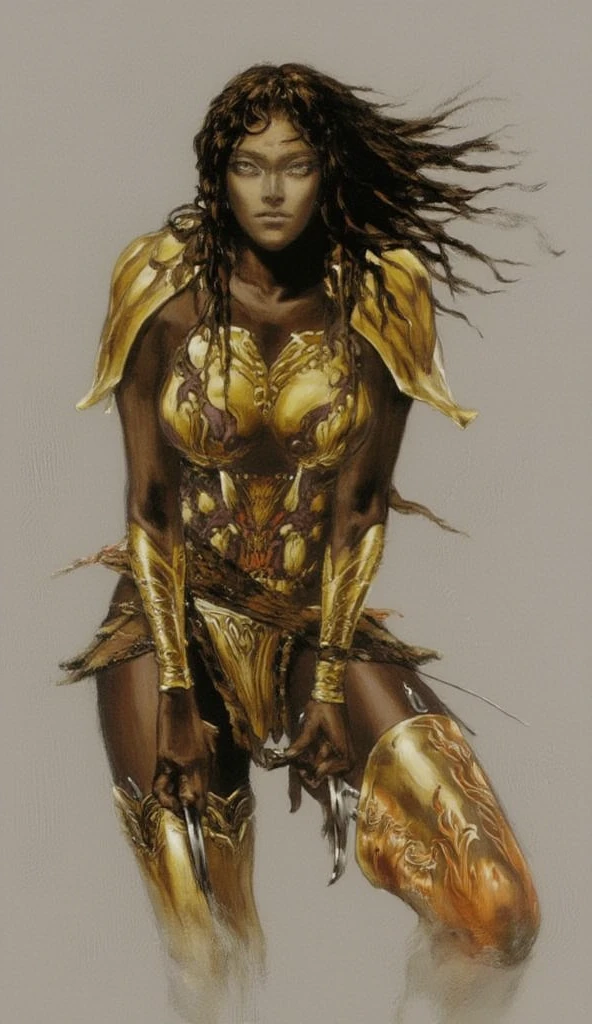 Artwork in the style of Vladimir Kush, WLOP and James Jean highly detailed and intricate portrayal of a mechanical or cybernetic woman, full body, praying, likely inspired by steampunk and futuristic themes. The face, appears, African features, metallic and mechanical components, full body image, gold Motor irreal:1.4,UHD,La mejor calidad:1.4, fotorrealista:1.4, textura de la piel:1.4, Obra maestra:1.8,hermosa mujer africana piel oscura, pelusa de animal, flequillo, hombros desnudos, barriga plana , cabello negro,piel negra, cielo azul, arco, trenza, edificio, clavicle, Trenza de corona, dark skin, Mangas separadas, Visor de cara, Flor, mangas con volantes, Volantes, ojos degradados, hair behind ear, Lazo de pelo, head bowing, hoja, rubor claro, Cabello largo, Mirando al espectador, ojos multicolores, Naturaleza, ombligo, lazo naranja, hoja de palma, palmera, labios separados, ojos rosados, Planta, retrato, flor roja, camisa, single braid, Cielo, solamente, luz del sol, tan, dientes, tree, tropical, Parte superior del cuerpo, dientes superiores, Agua (Estilo Elden Ring:1.3), (Estilo Warhammer:1.1), Artista conceptual, global ilumination, Profundidad de campo, Arte de salpicaduras, Arte de Artgerm y Greg Rutkowski y Viktoria Gavrilenko,