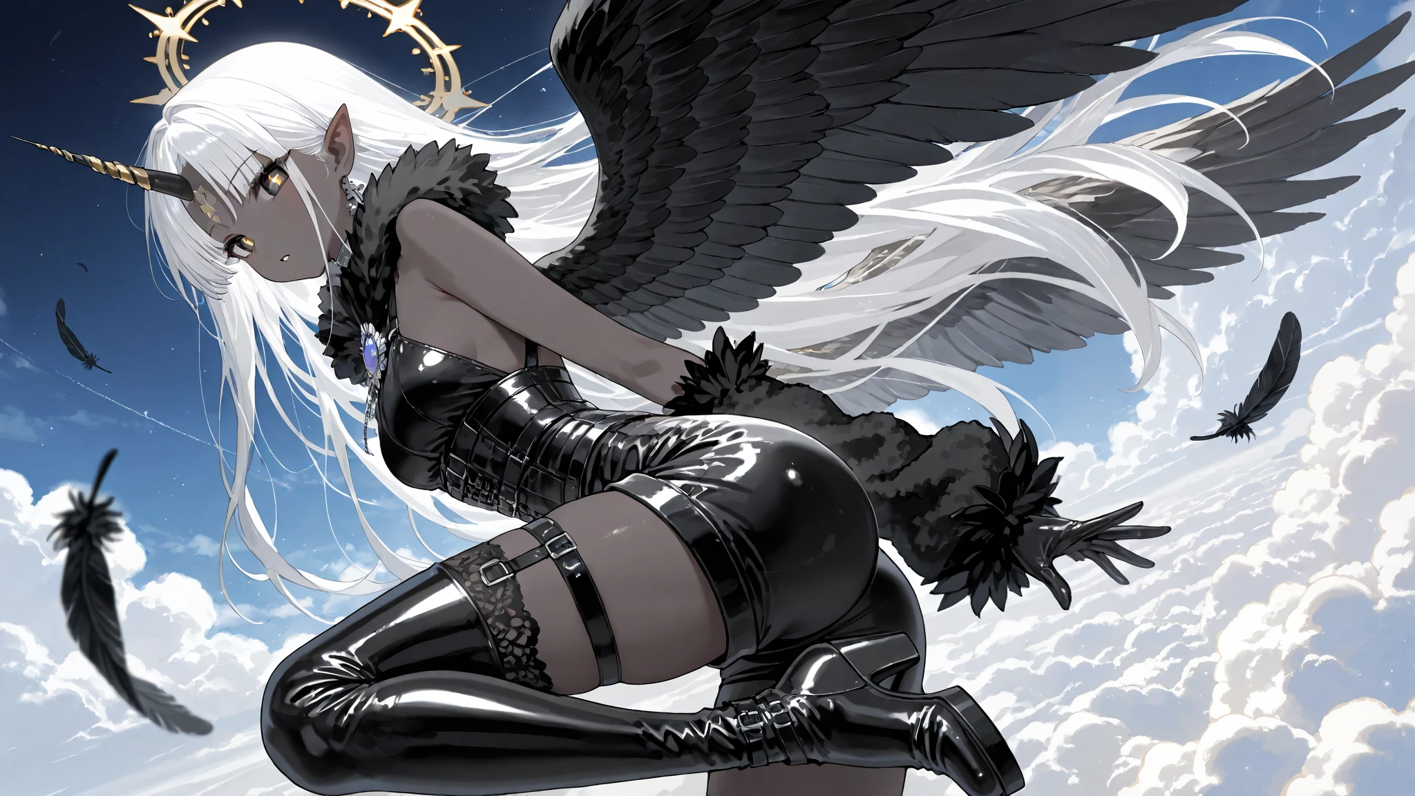 The girl is a fallen black-and-white angel. Her hair is obsidian black and long and straight with white highlights. her eyes are dark black with white inverted crosses-like pupils. She has dark grey skin and pointed ears. In the center of her forehead she has a one black unicorn horn, decorated with silver chains. She is wearing a black jumpsuit with short shorts, a fur collar and fur sleeves. She wears high hip-length patent leather boots with straps. She wears on her head a black patent leather cap with brooch in the form of a cross. She wears leather gloves. She's wearing silver choker, garters, shoulder-harness, and patent leather corset with inverted crosses. She has six wings on her back: three black wings and three white wings. She flies in a white heavenly city in Celestial realm among the clouds, leaving a trail of black feathers behind her.