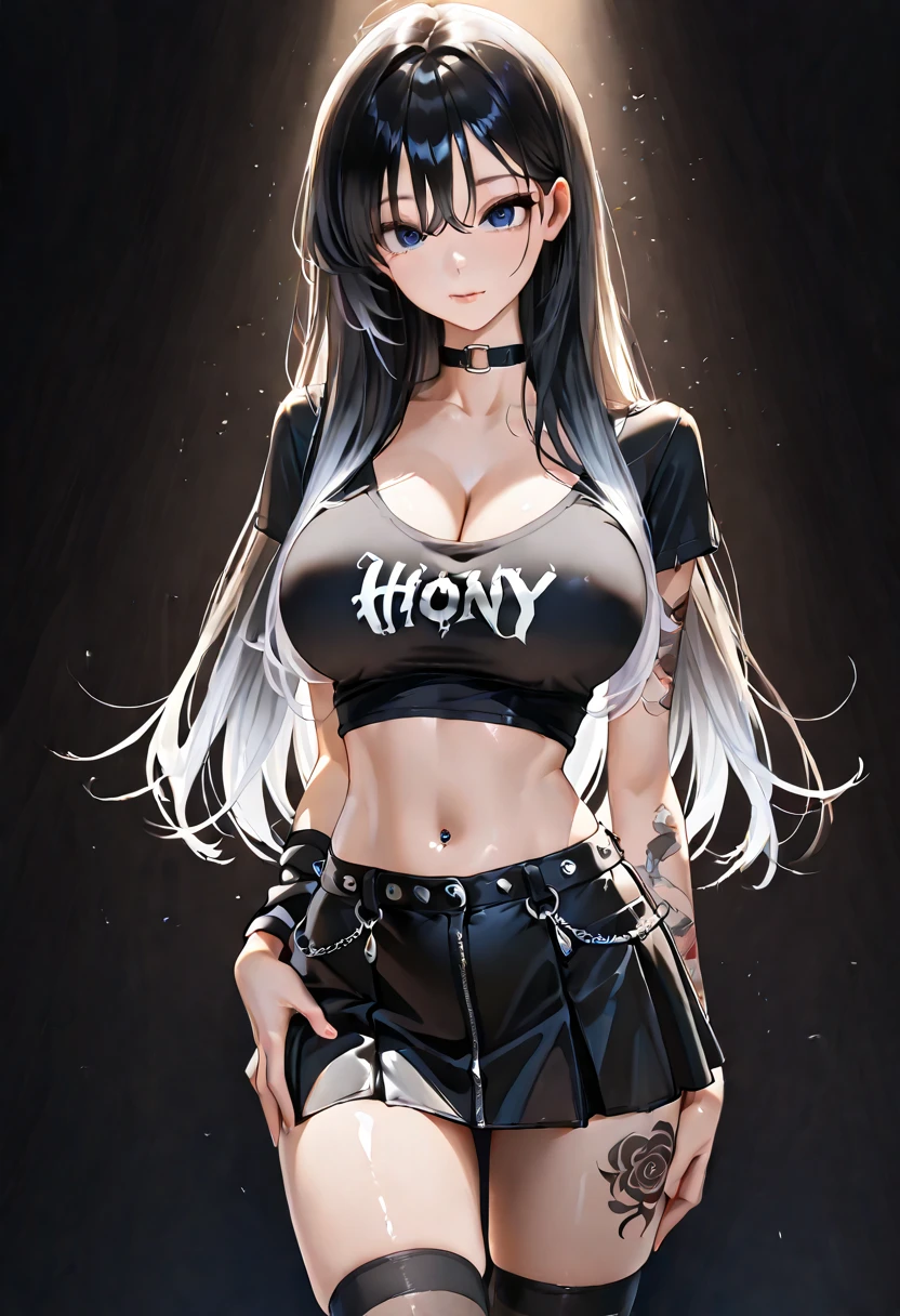 1 girl, red eyes, long hair, forehead, black choker, black lipstick, cowboy shot, smile, black lipstick, era piercings, white hair, white hair, white hair, tank top, micro shorts, dark skin tan, body tattoos, straight hair 