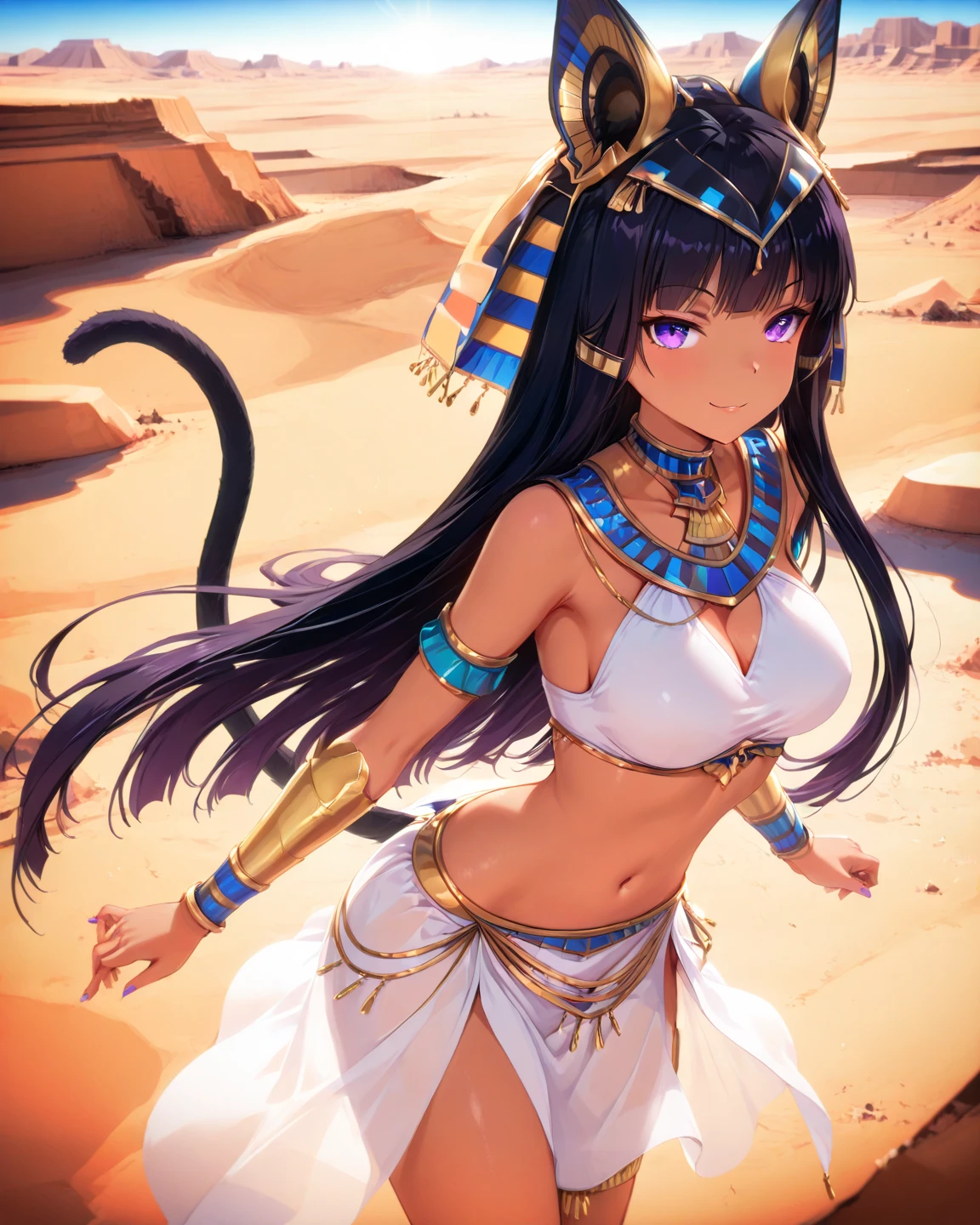 ((Frank Frazetta)), Beautiful full-bodied black woman, gorgeous eyes、 egyptian woman, Egyptian adornments, muscled body e perfeito,(maximum quality、8k、32 mil、Masterpiece artwork、nffsw:1.3)、超High resolution,(Photorealistic:1.4),, long black hair with heavy bangs on the forehead,,,sun glints,depth of fields,Backlight effects add depth to the screen、muscled body, red veil, dark skin shiny with oil and sweat, Anubis warrior in small clothes, good golden, Egyptian tattoo,, breasts big, generous neckline, , A desert, pyramids in the background