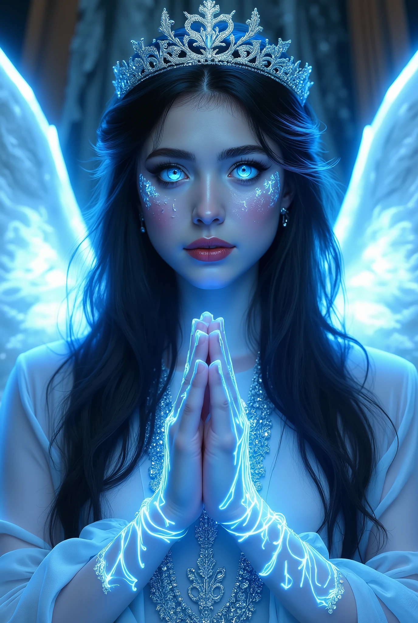 (((shining blue electric eyes))), extremely hot and beautiful angelic girl with electric white wings, (((glowing with electricity blue veins))), blue glowing veins, glowing veins, bright glowing veins, long flowing dark black hair, white pale skin with blue tattoos and markings, low white almost transparent medieval robes, gracious face, detailed fantasy portrait, exquisite mystical valkyrie, mountain temple background, silver tiara, hyperrealistic, octane render, piercing eyes, delicate features, dramatic lighting, vibrant colors, highly detailed, cinematic composition, masterpiece, 8k, upper body only, praying hands