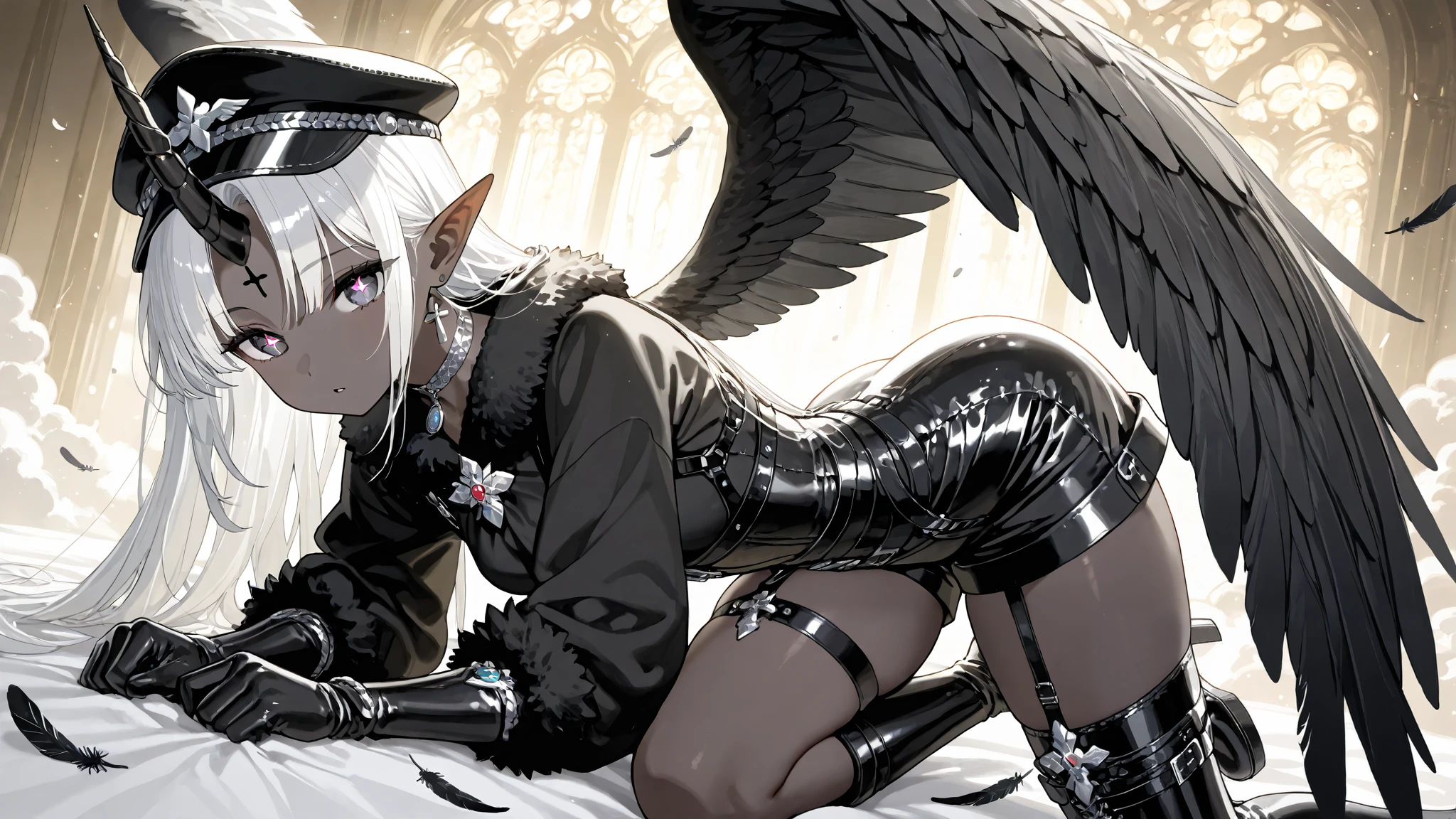 The girl is a fallen black-and-white angel. Her hair is obsidian black and long and straight with white highlights. her eyes are dark black with white inverted crosses-like pupils. She has dark grey skin and pointed ears. In the center of her forehead she has a one black unicorn horn, decorated with silver chains. She is wearing a black jumpsuit with short shorts, a fur collar and fur sleeves. She wears high hip-length patent leather boots with straps. She wears on her head a black patent leather cap with brooch in the form of a cross. She wears leather gloves. She's wearing silver choker, garters, shoulder-harness, and patent leather corset with inverted crosses. She has six wings on her back: three black wings and three white wings. She flies in a white heavenly city in Celestial realm among the clouds, leaving a trail of black feathers behind her.