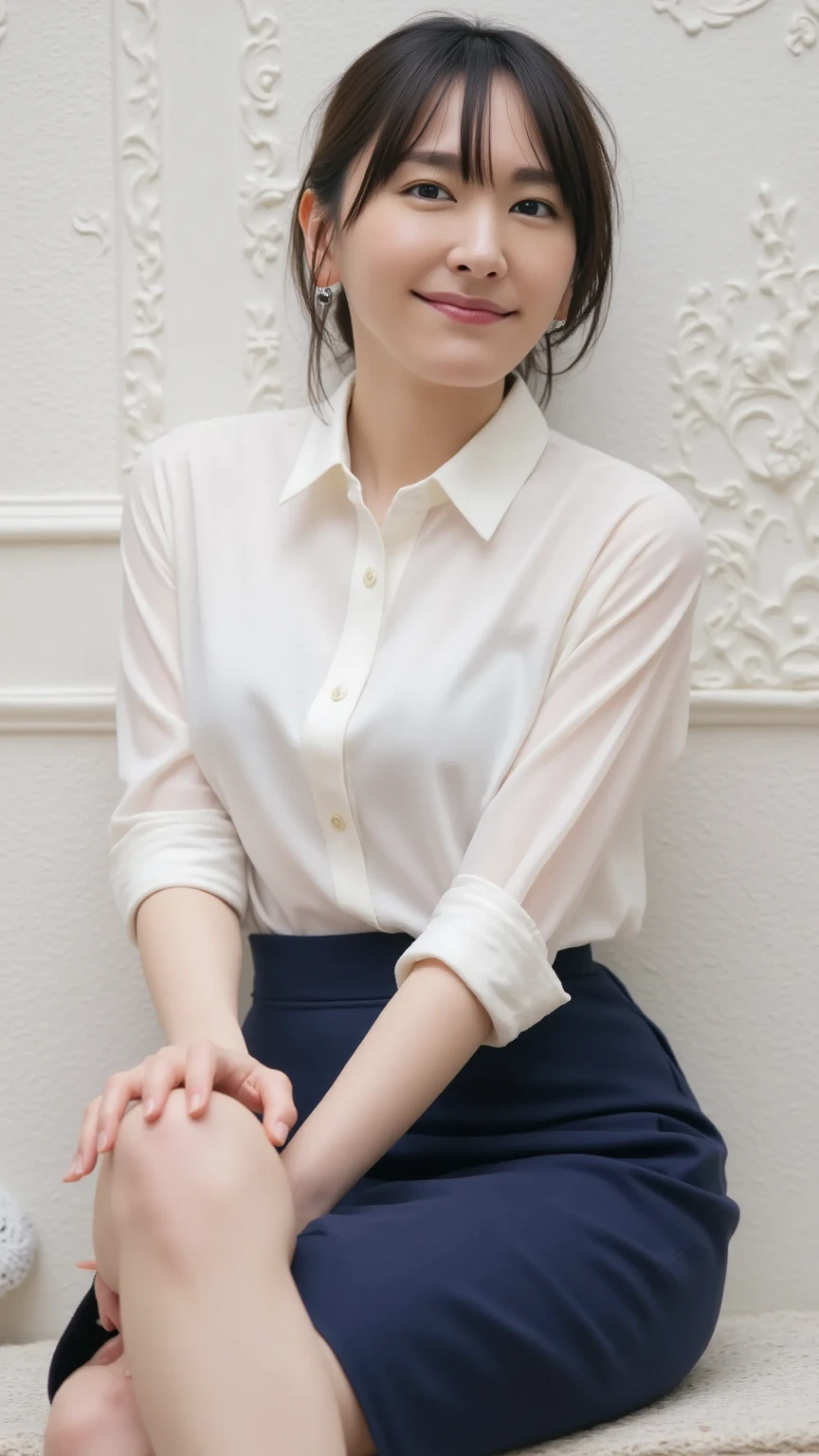 ((highest quality, 8k, table top: 1.3, RAW photo)), sharp focus: 1.2, (1 Aespa Girl :1.1), alone, (realistic, realistic: 1.37), (face focus: 1.1), cute face, highly detailed face, messy short hair, 小さなsmile, thin, (white button down shirt, skirt: 1.2), sitting office room, (show panties:1.1), from below, flowers bloom,smile、open your legs、close the thighs、