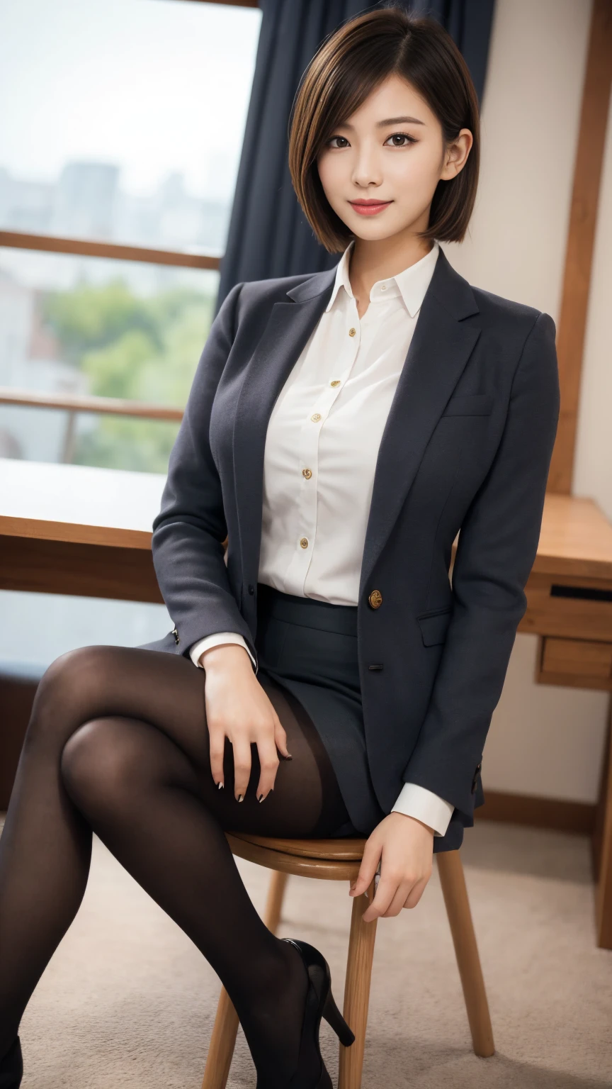 office、Sitting cross-legged in a chair、Beautiful form、short hair、Sexy and beautiful legs、High heels、Brown pantyhose、Mini skirt suit、Panty shot