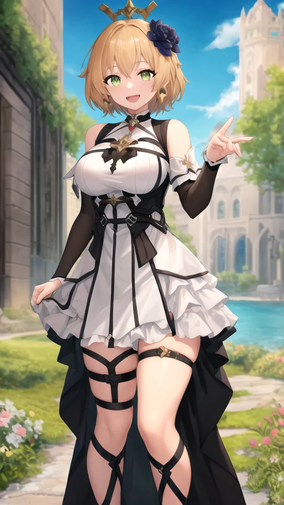 (masterpiece, best quality, glowing light, glistening, shiny skin, ultra detailed, detailed background, complex background),(perfect face, detailed face, detailed eyes,perfect hands,perfect fingers), (large boobs:1.2,smile),(mature female:1.4),cowboy shot,thicc,(ass, from behind, ass focus),
2b, short hair,((gradient hair)), mascara, (fashion make up), parted lips, hairband, thighhighs, black hairband, mole under mouth, puffy sleeves, long sleeves, blindfold, black thighhighs, black blindfold, juliet sleeves, thighs, leotard, boots, feather-trimmed sleeveent back)),
((park, fountain, leaves in the air, wall, autumn, trees)),((super detailed background)), dynamic poses, ((8k wallpaper)),