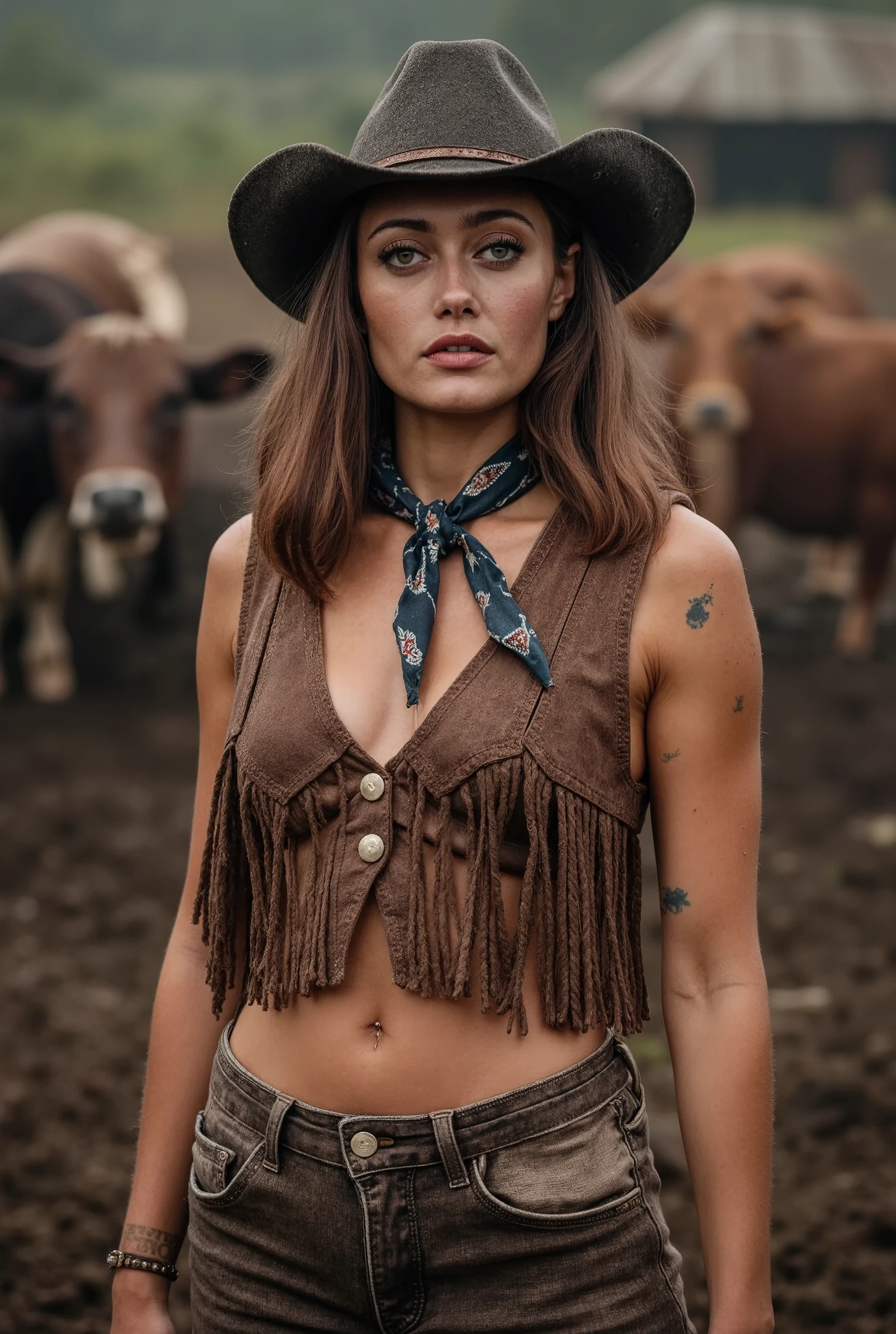 portrait of beautiful woman in muddy farm:1.2 , cowboy hat, fringed waistcoat , trousers, scarf , confidence , medium breast,