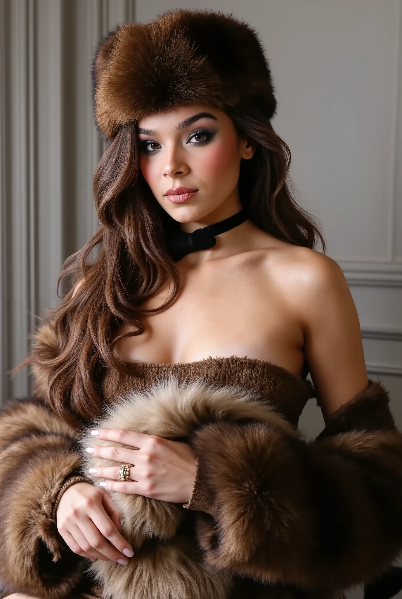 A beautiful women, with a fur cap on with beautiful hairs, and a fur stole, sitting upright and holding out to the spectator a huge fur muff into which her forearm had vanished, whole body view
